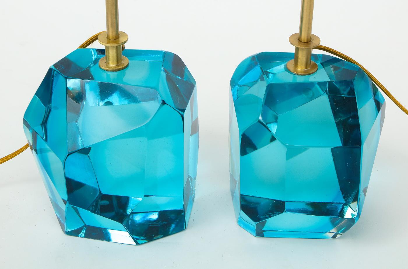 Pair of Diamond Faceted Aquamarine Blue Topaz Murano Glass Lamps, Italy For Sale 1