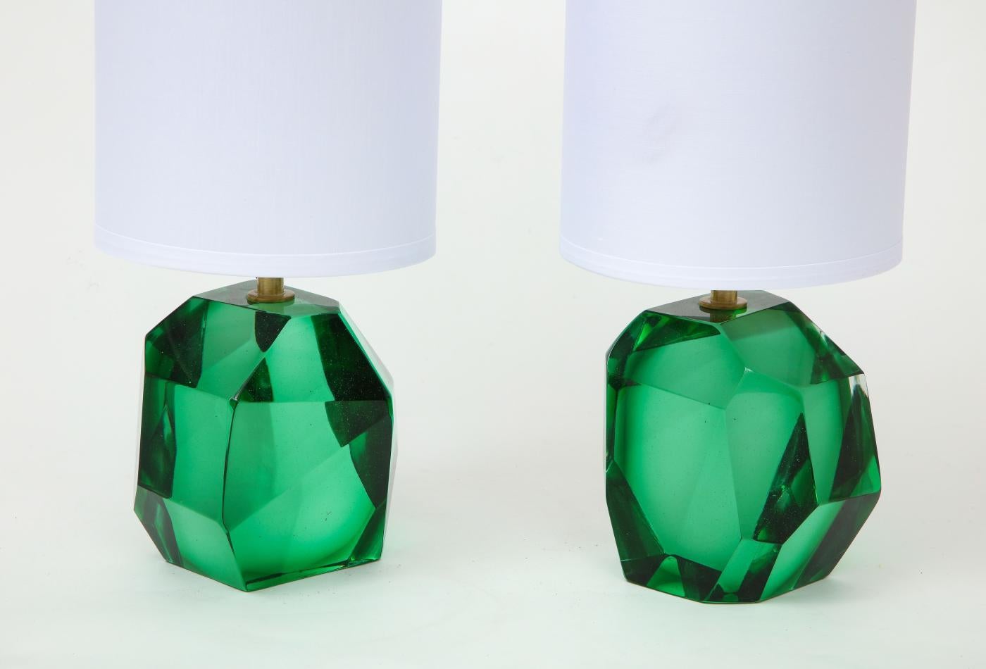 Italian Pair of Faceted Emerald Green Solid Murano Glass Lamps, Signed, Italy For Sale
