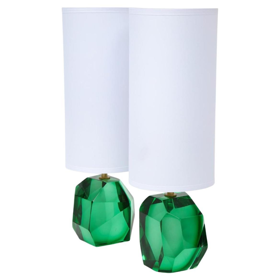 Pair of Diamond Faceted Emerald Green Murano Glass Lamps, Italy