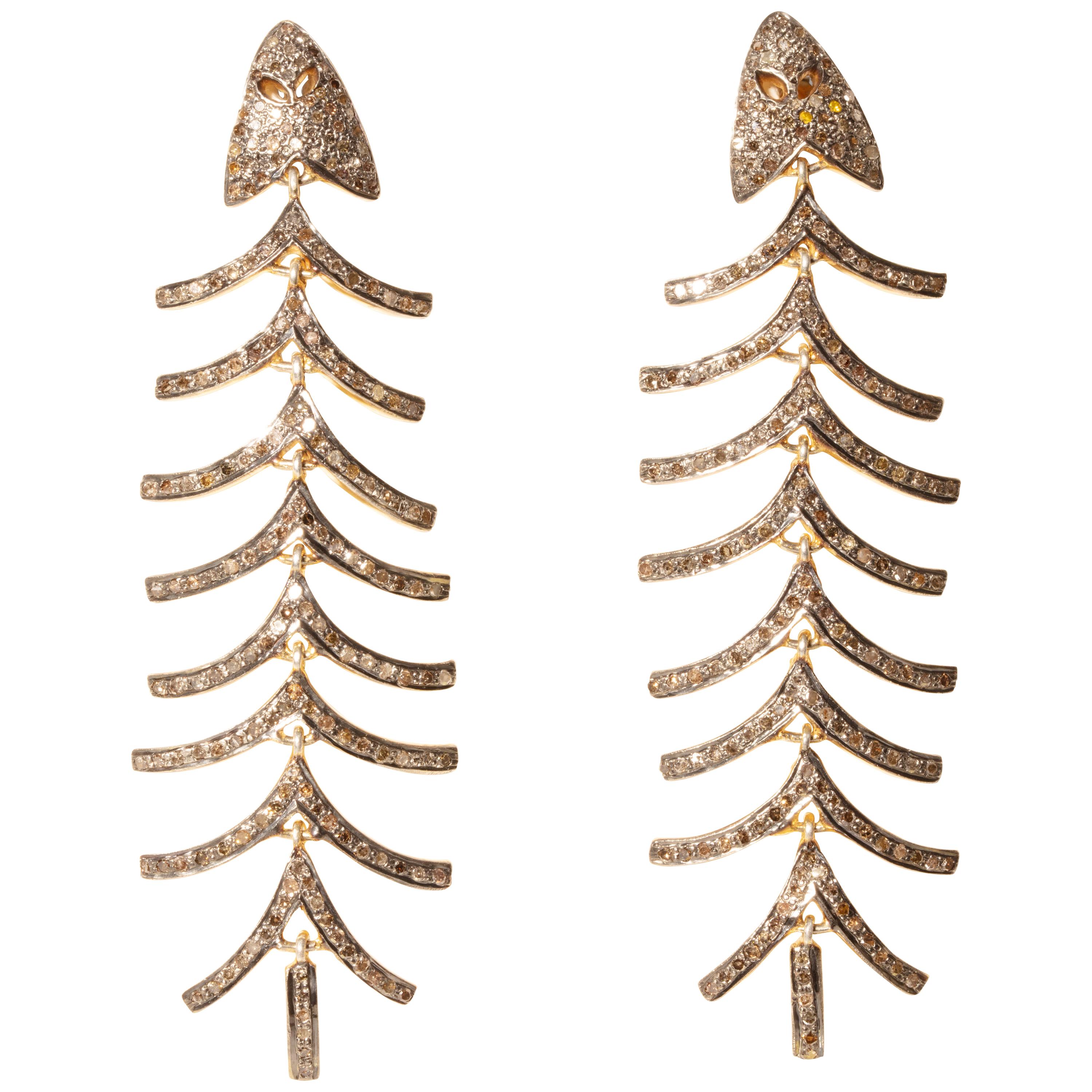 Pair of Diamond Fish Bone Dangle Earrings