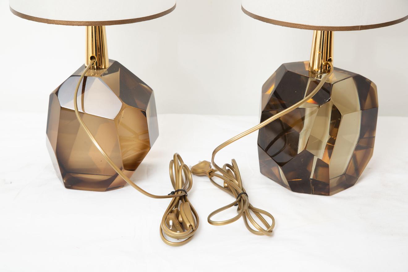 Pair of Faceted Murano Bronzed Glass Table Lamps, in Stock 3