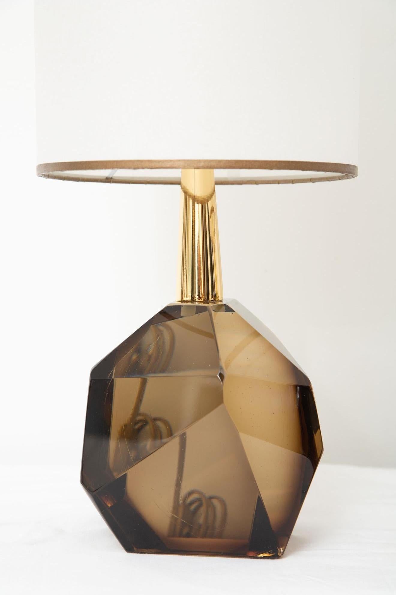 Pair of faceted diamond table lamps, in stock
Studio-made heavy solid rock translucent Murano glass
Fume or bronzed hue
Custom made parchment shades included.
Located in our store in Miami ready for shipping now.
Priced per pair
Wired to the US