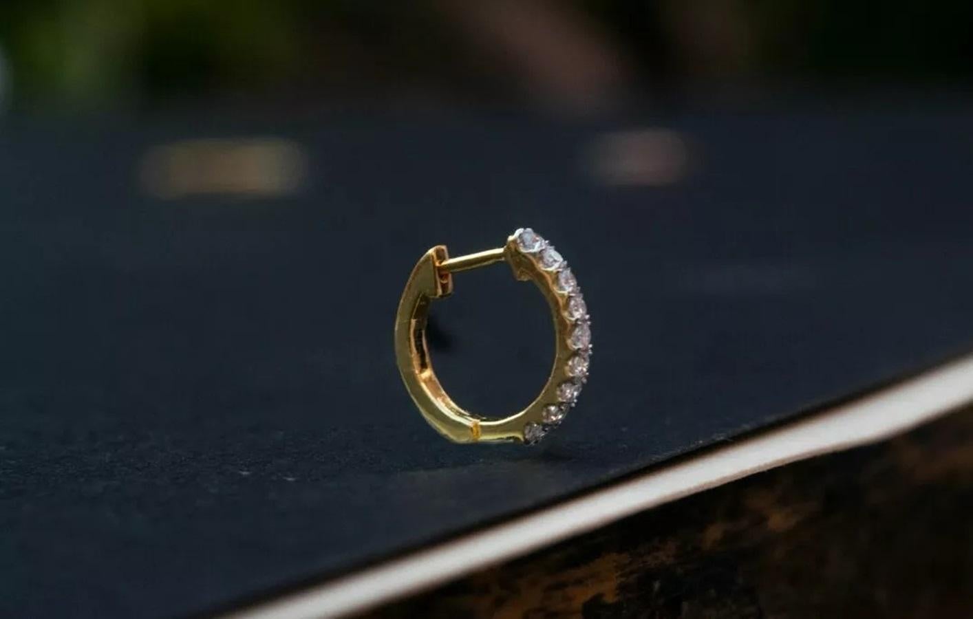 Round Cut Pair of Diamond Hoop 14k Solid Gold 10mm Huggie Earrings For Sale