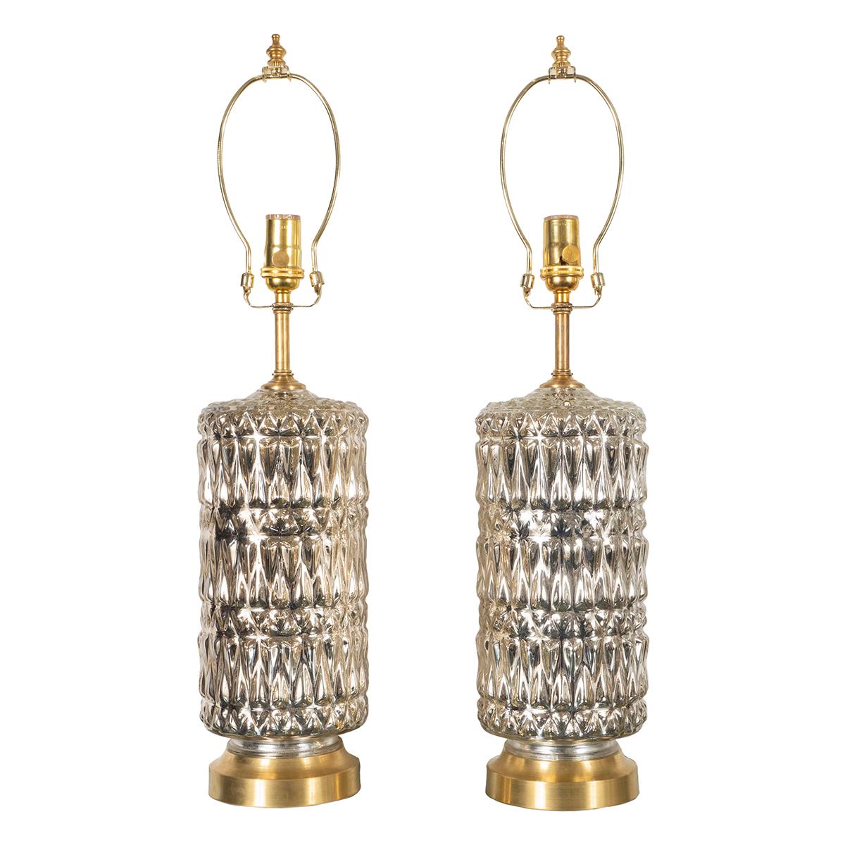 Mid-20th Century Pair of Diamond Patterned Mercury Glass Lamps