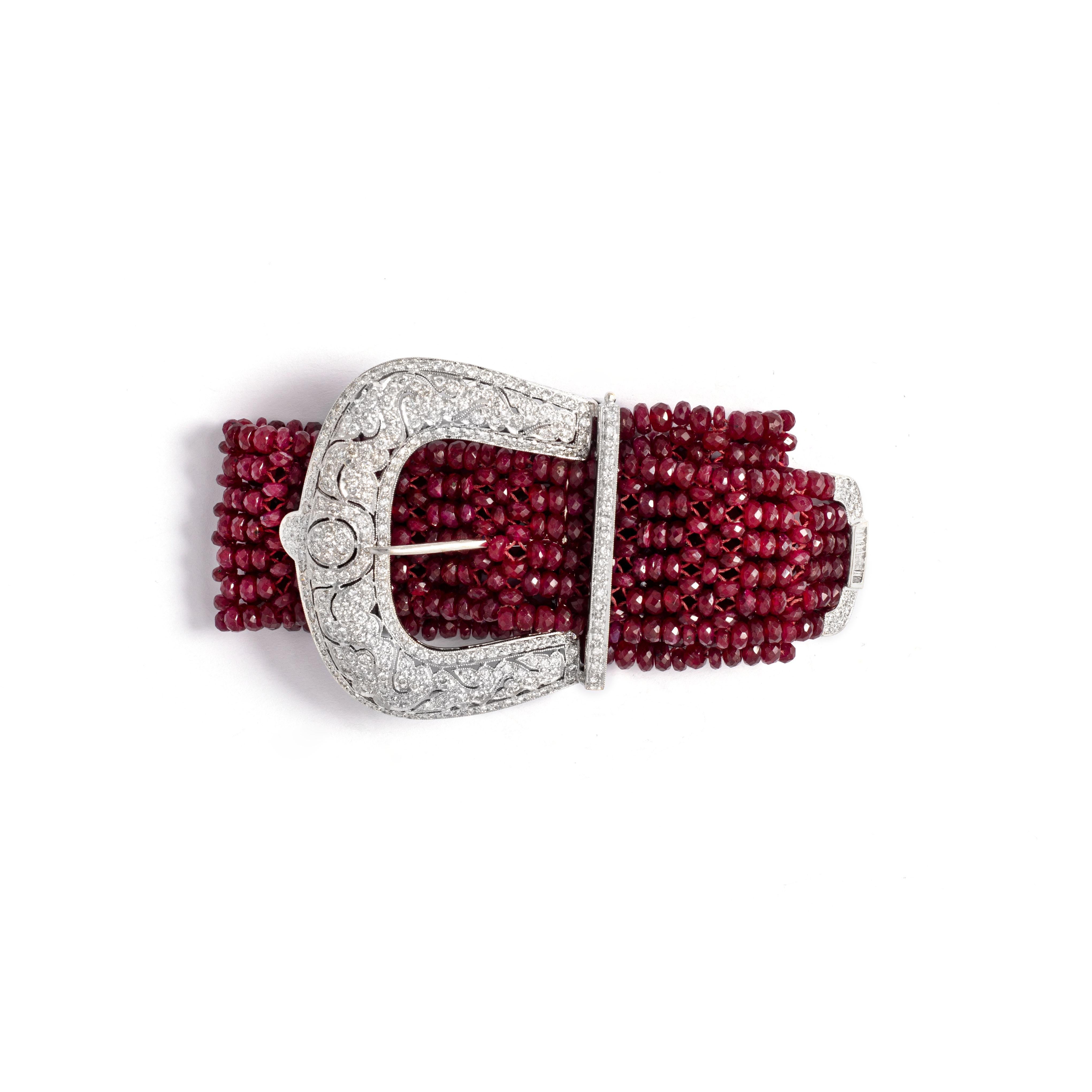 Round Cut Pair of Diamond Ruby and Sapphire Bracelets For Sale