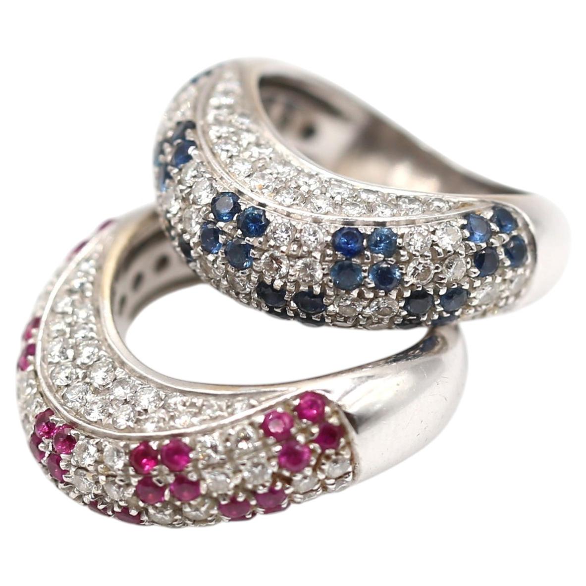 Pair of Diamond, Sapphire & Ruby Rings in 18K White Gold, circa 1970