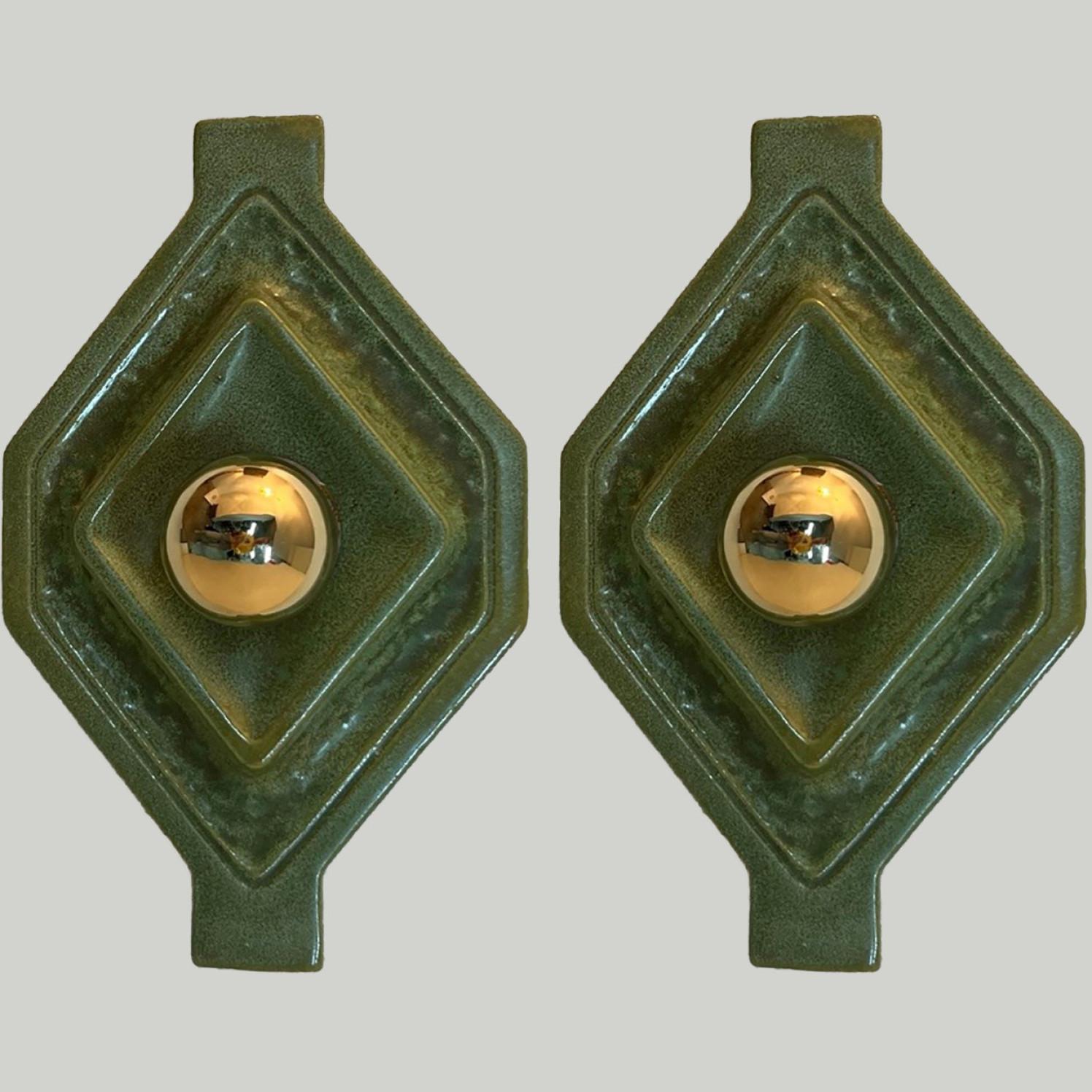 Space Age Pair of Diamond-Shaped Green Ceramic Wall Lights by Hustadt Keramik, Germany, 19