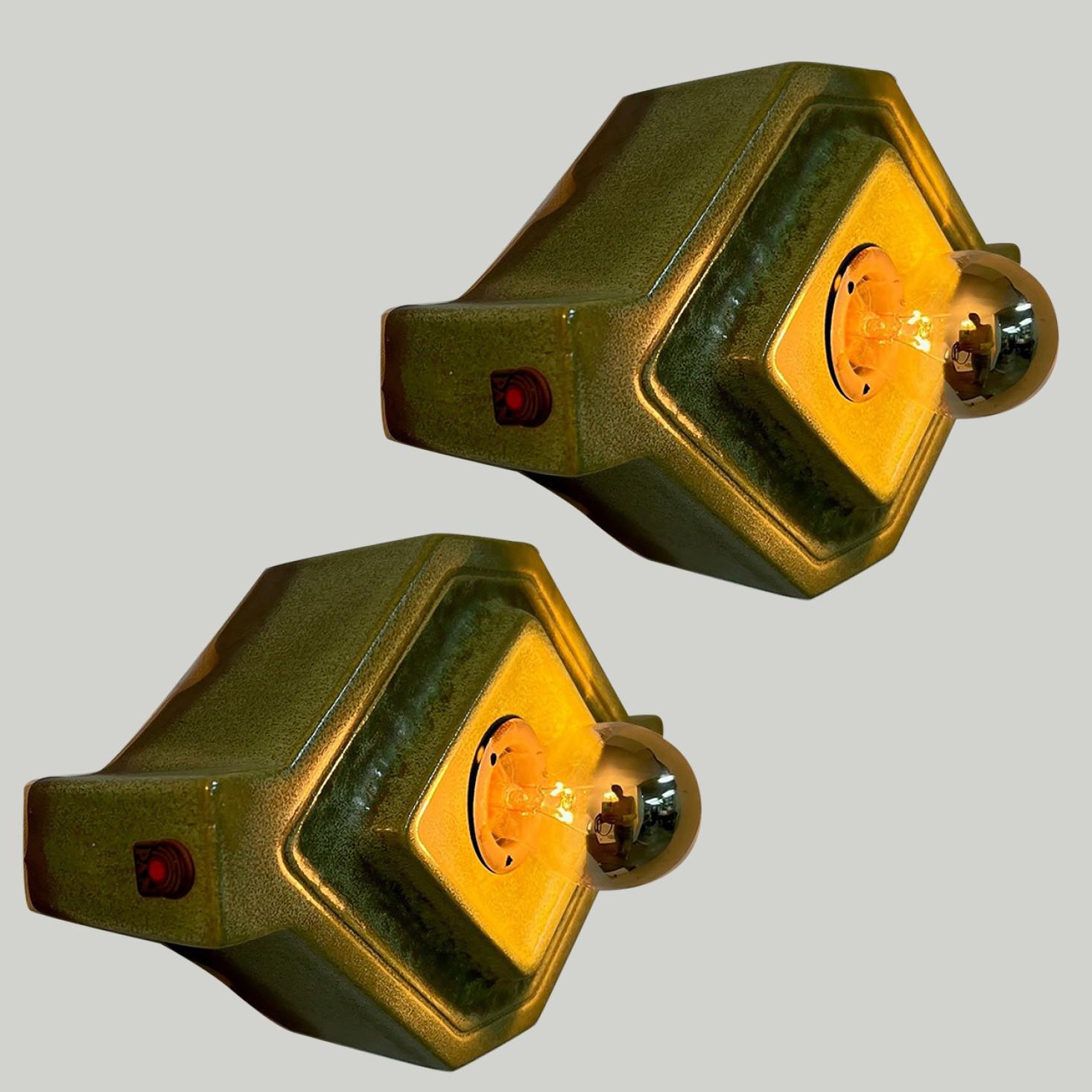 Pair of Diamond-Shaped Green Ceramic Wall Lights by Hustadt Keramik, Germany, 19 1