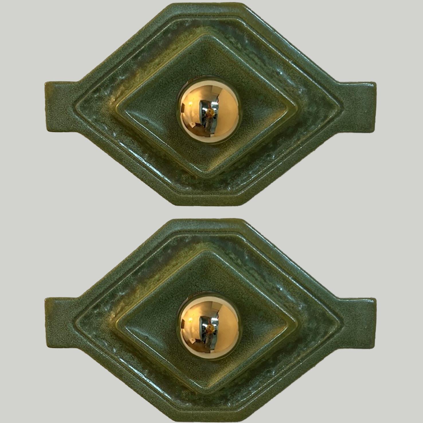 Pair of Diamond-Shaped Green Ceramic Wall Lights by Hustadt Keramik, Germany, 19 2
