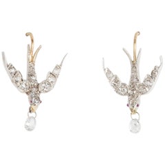 Antique Pair of Diamond Swallow Earrings 18 Karat and Platinum