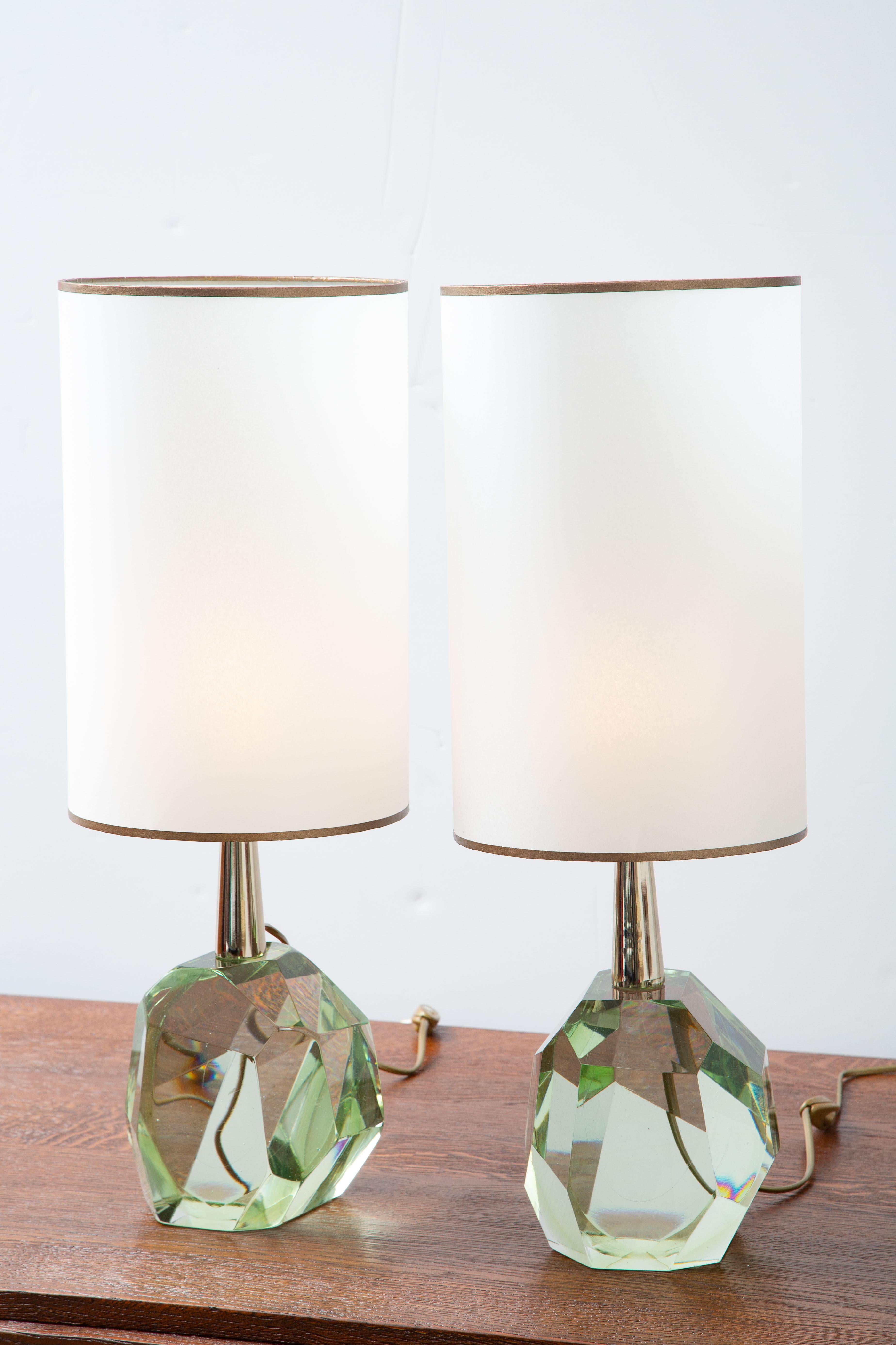 Pair of faceted diamond table lamps, in stock
Studio-made heavy solid rock translucent Murano glass
Green hue
Custom made parchment shades included.
Located in our store in Miami ready for shipping now.
Priced per pair
Shades are included
Wired to