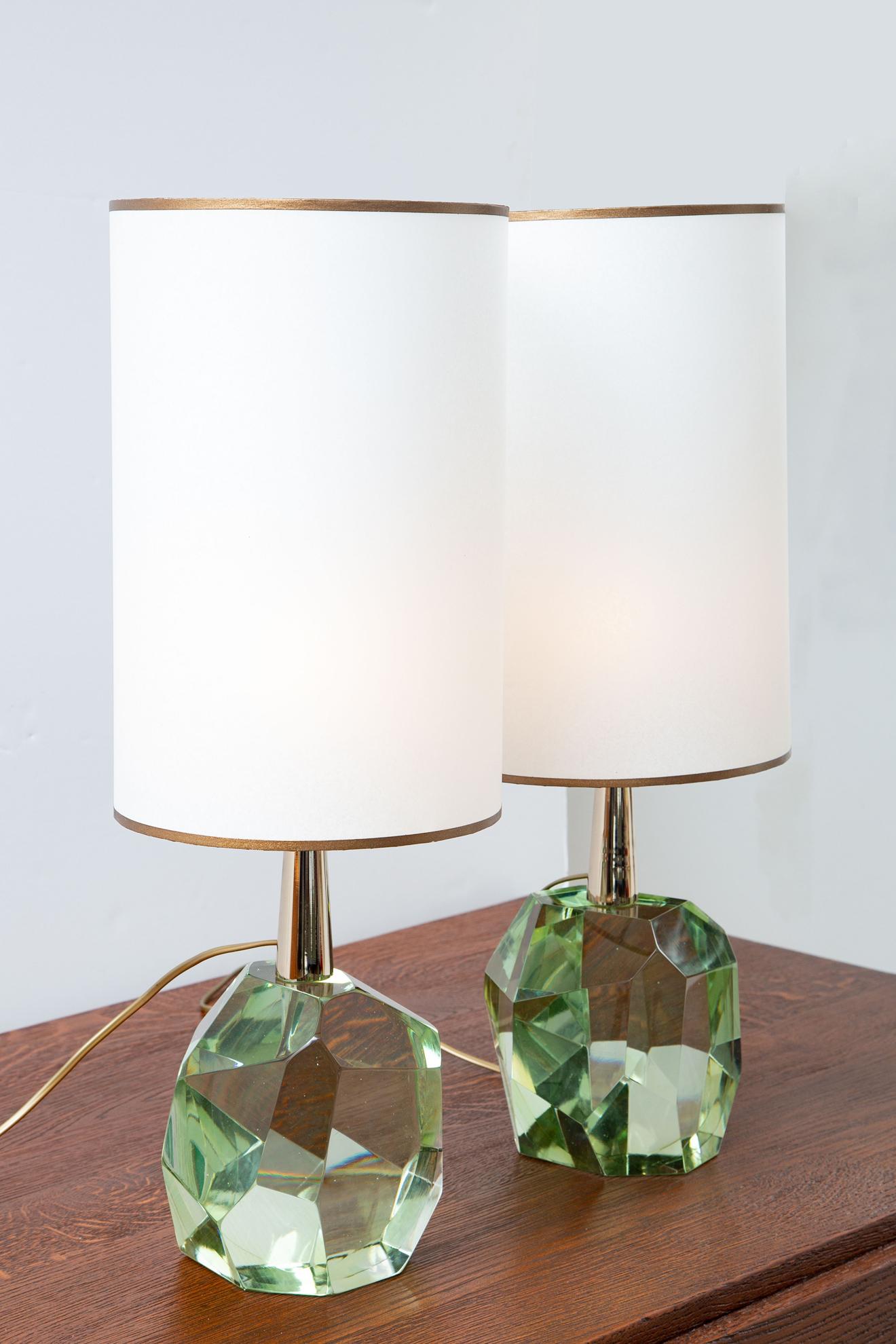 Mid-Century Modern Pair of Diamond Translucent Green Glass Table Lamps, in Stock