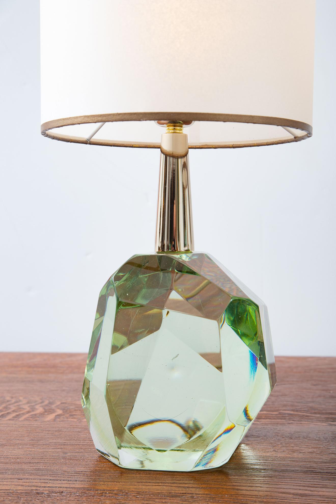 Italian Pair of Diamond Translucent Green Glass Table Lamps, in Stock