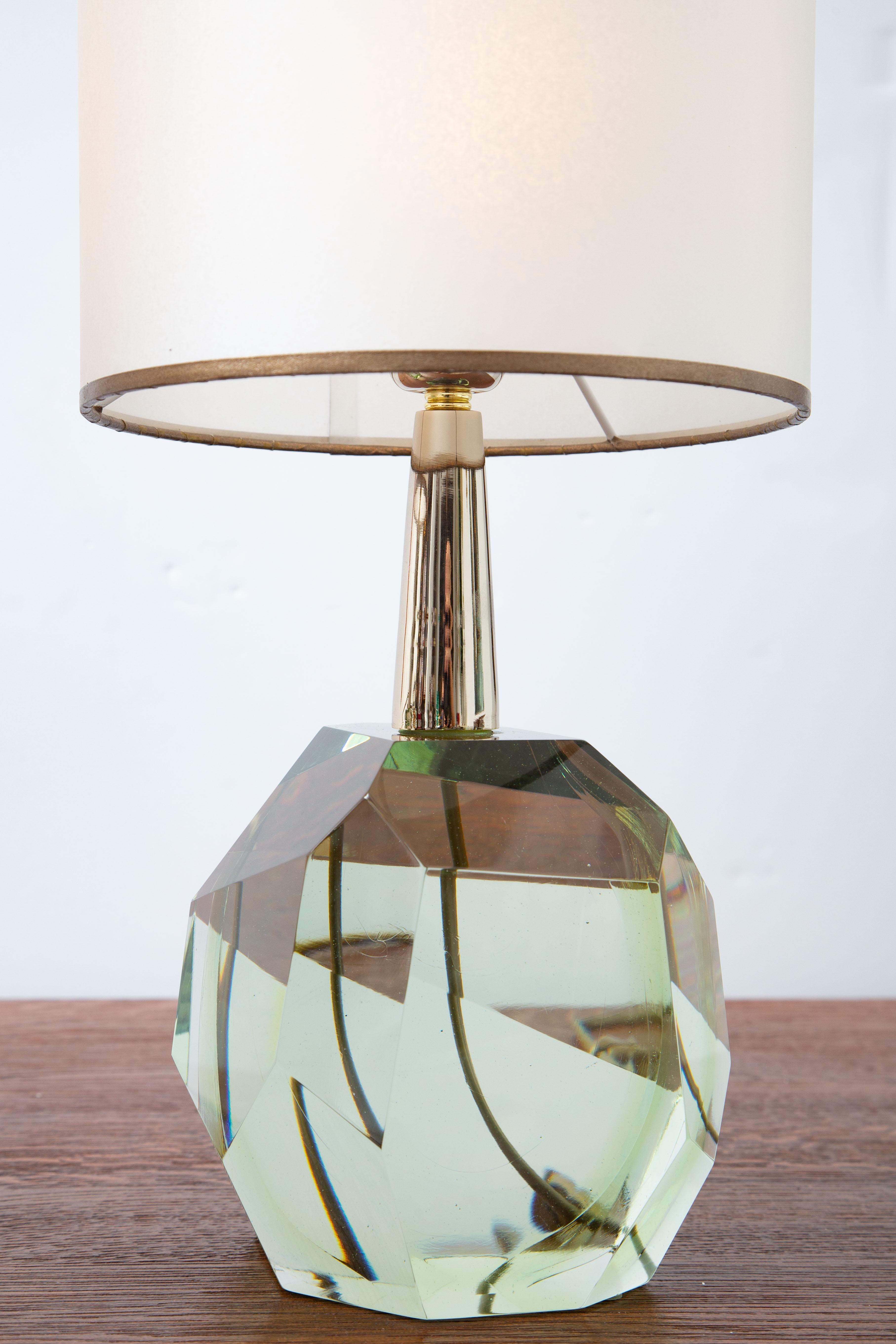 Pair of Diamond Translucent Green Glass Table Lamps, in Stock In Excellent Condition In Miami, FL