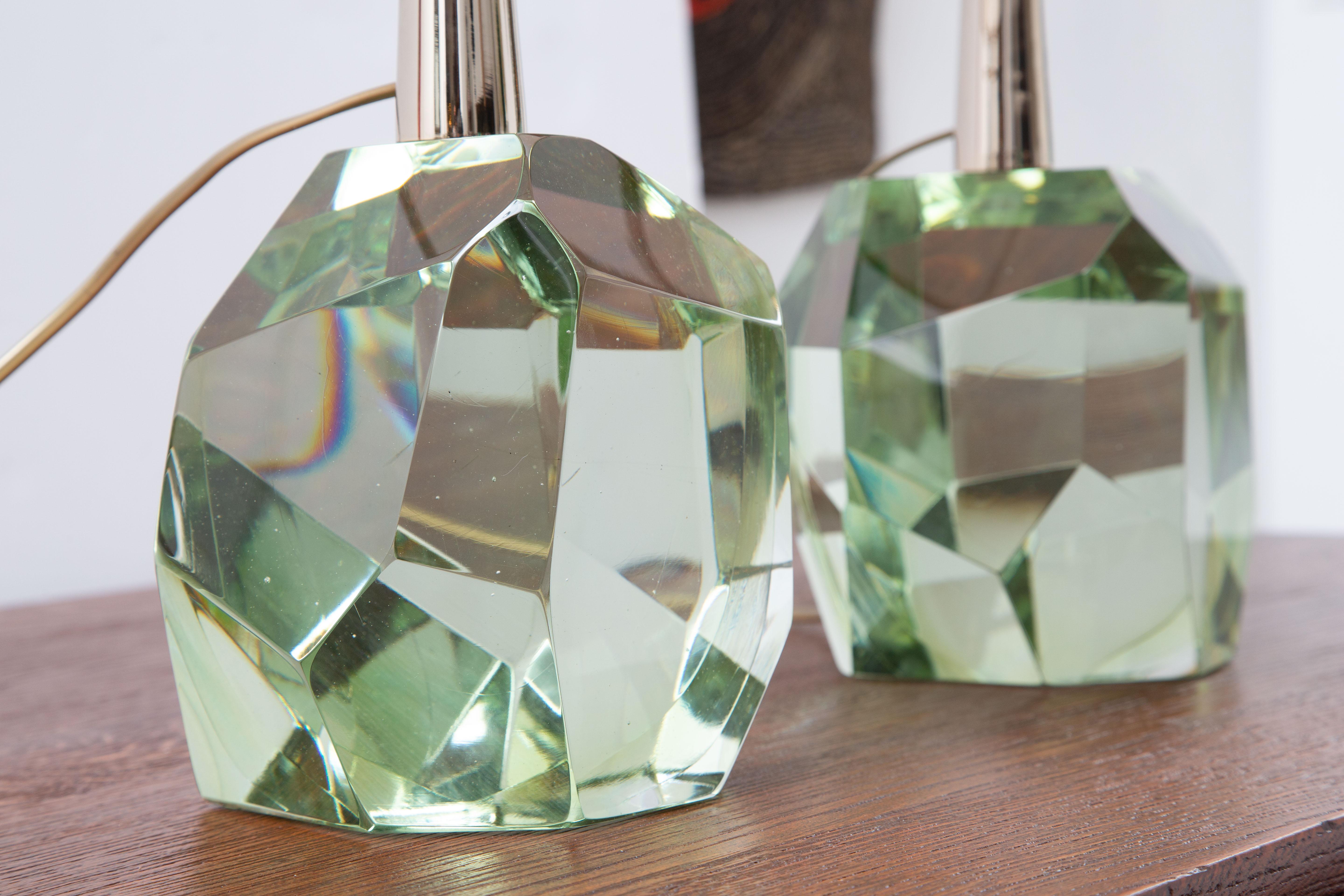 Contemporary Pair of Diamond Translucent Green Glass Table Lamps, in Stock