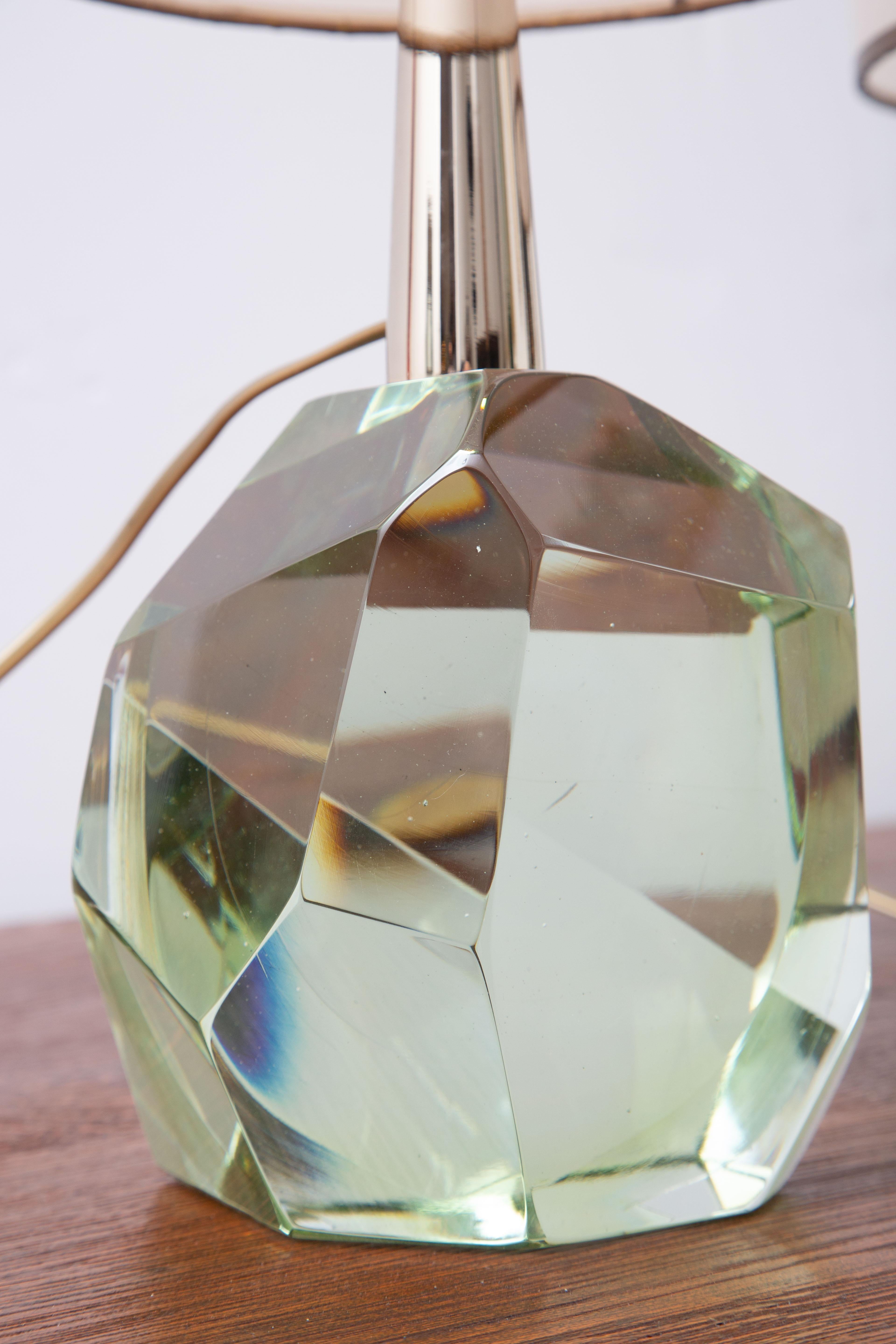 Brass Pair of Diamond Translucent Green Glass Table Lamps, in Stock
