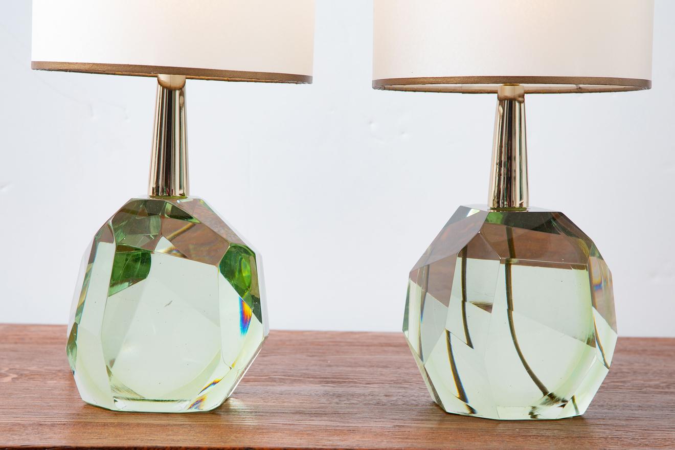 Pair of Diamond Translucent Green Glass Table Lamps, in Stock 1