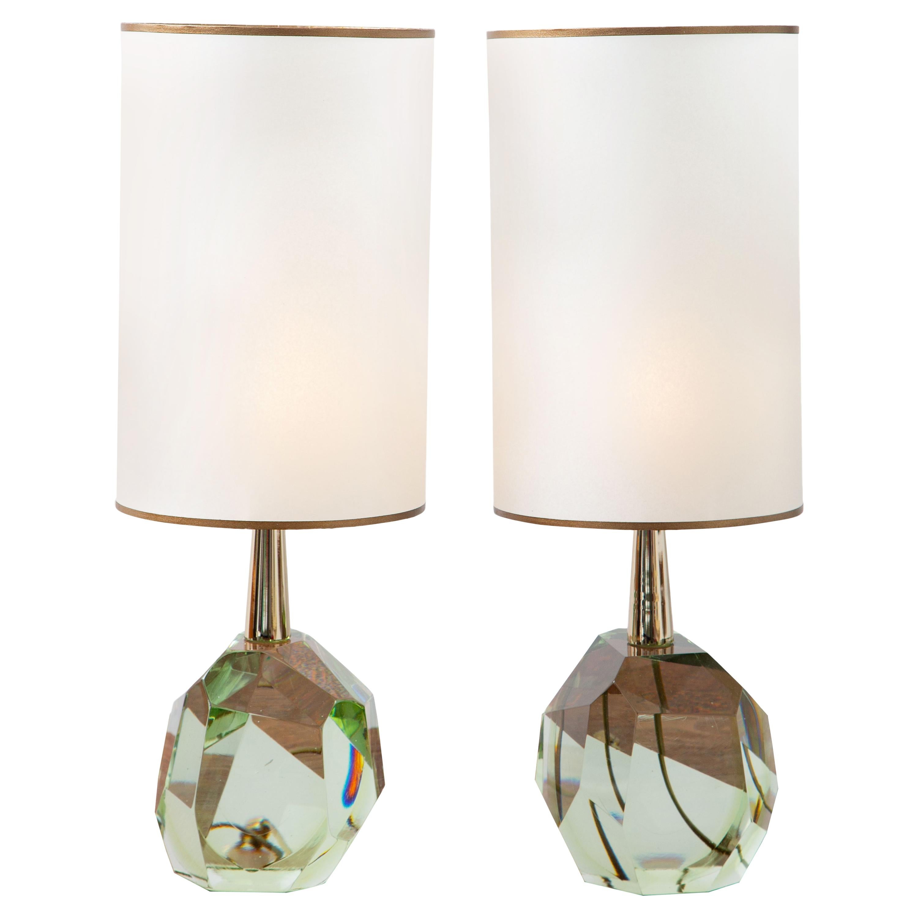 Pair of Diamond Translucent Green Glass Table Lamps, in Stock