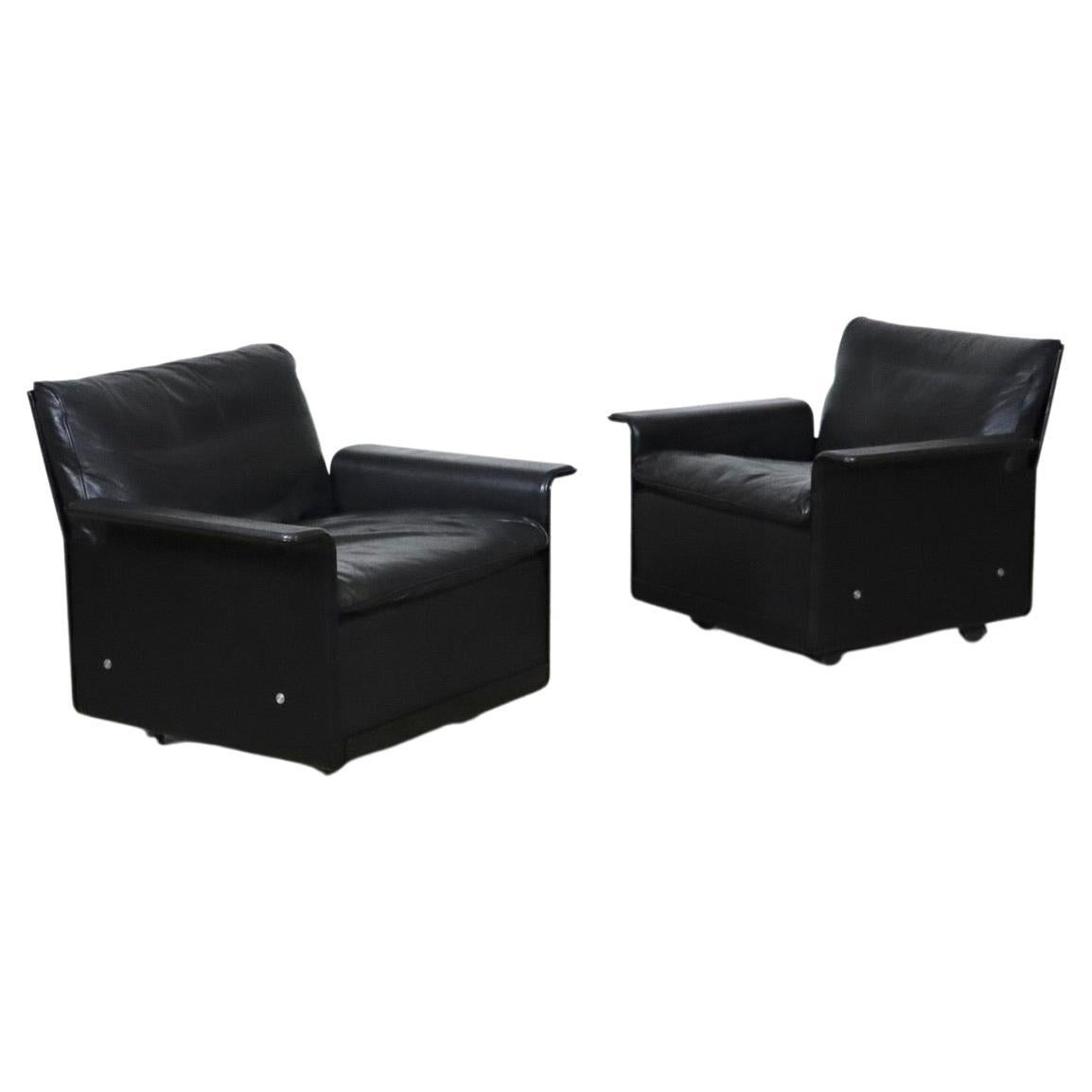 Pair Of Dieter Rams Model 620 Lounge Chairs In Black Leather For Vitsoe, 1980s