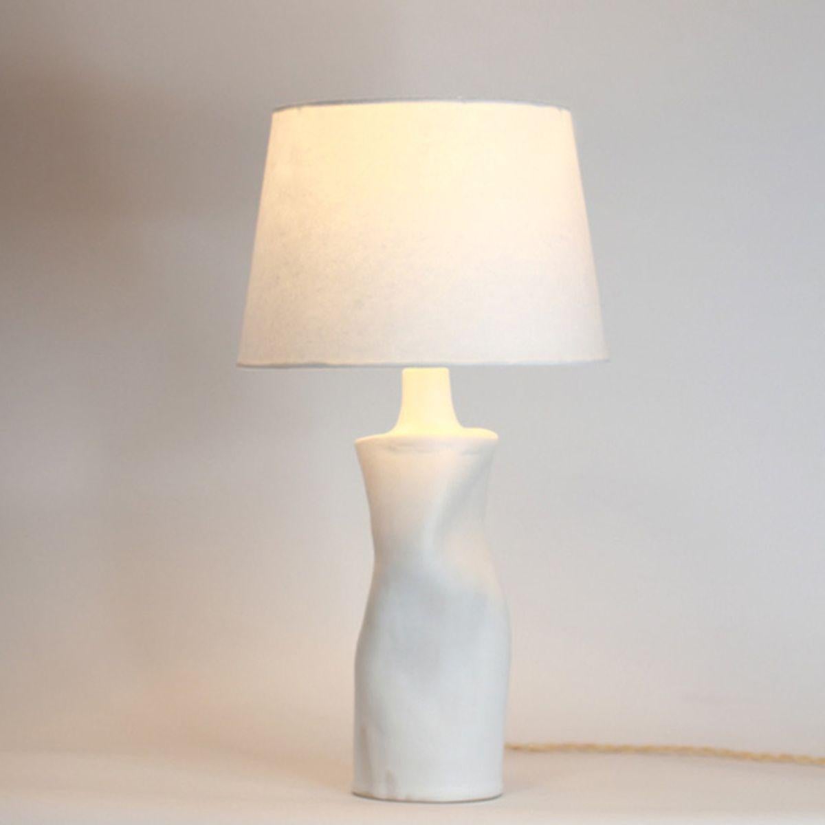 French Pair of 'Difforme' White Table Lamps with Parchment Shades by Design Frères For Sale