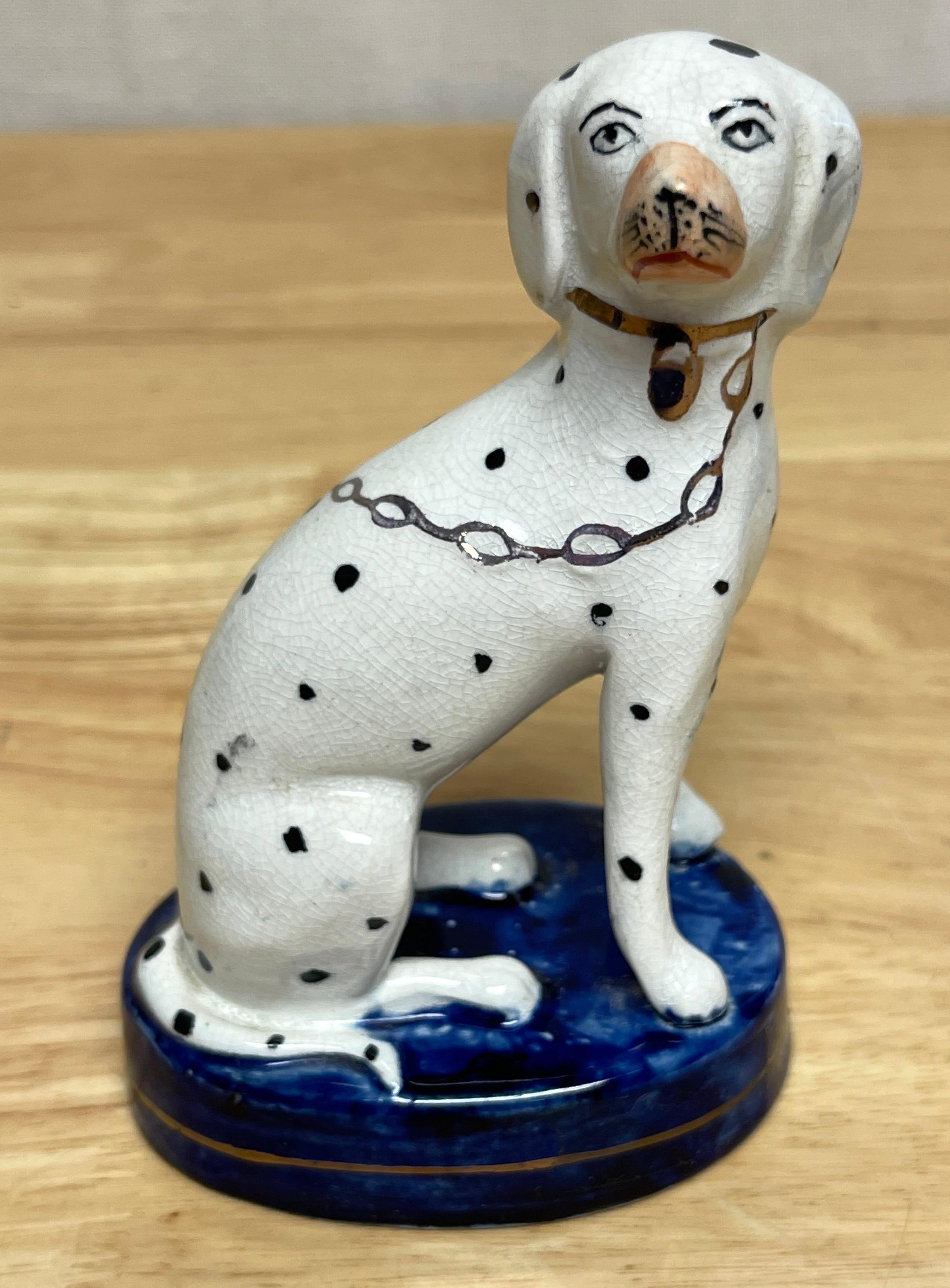 19th Century Pair of Diminutive Antique Staffordshire Seated Dalmatians with Chains