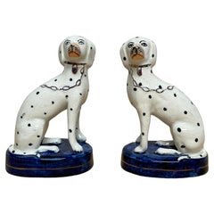Pair of Diminutive Antique Staffordshire Seated Dalmatians with Chains