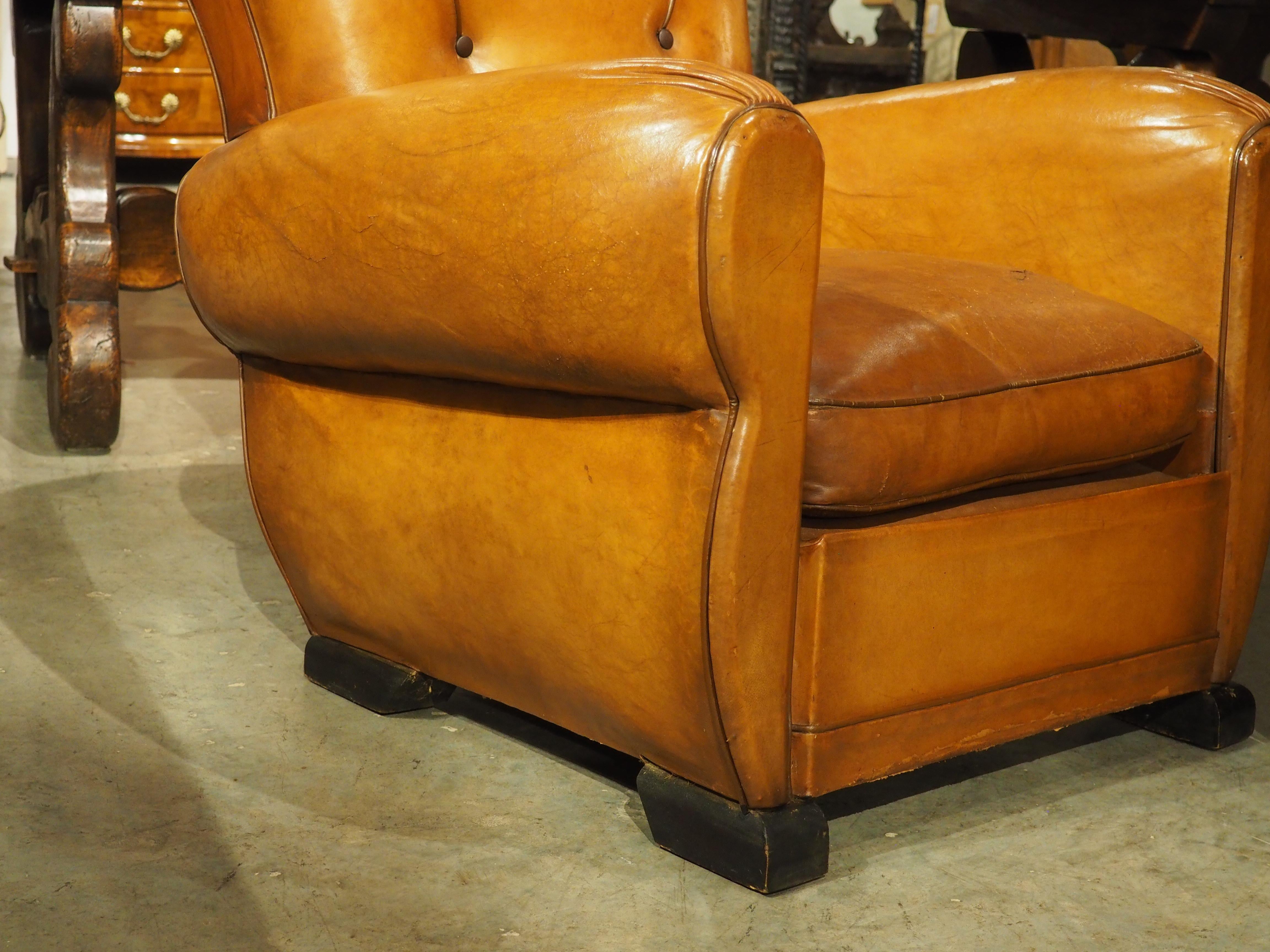 Pair of Diminutive French Leather Club Chairs with Pleated Arm Rests, Circa 1930 4
