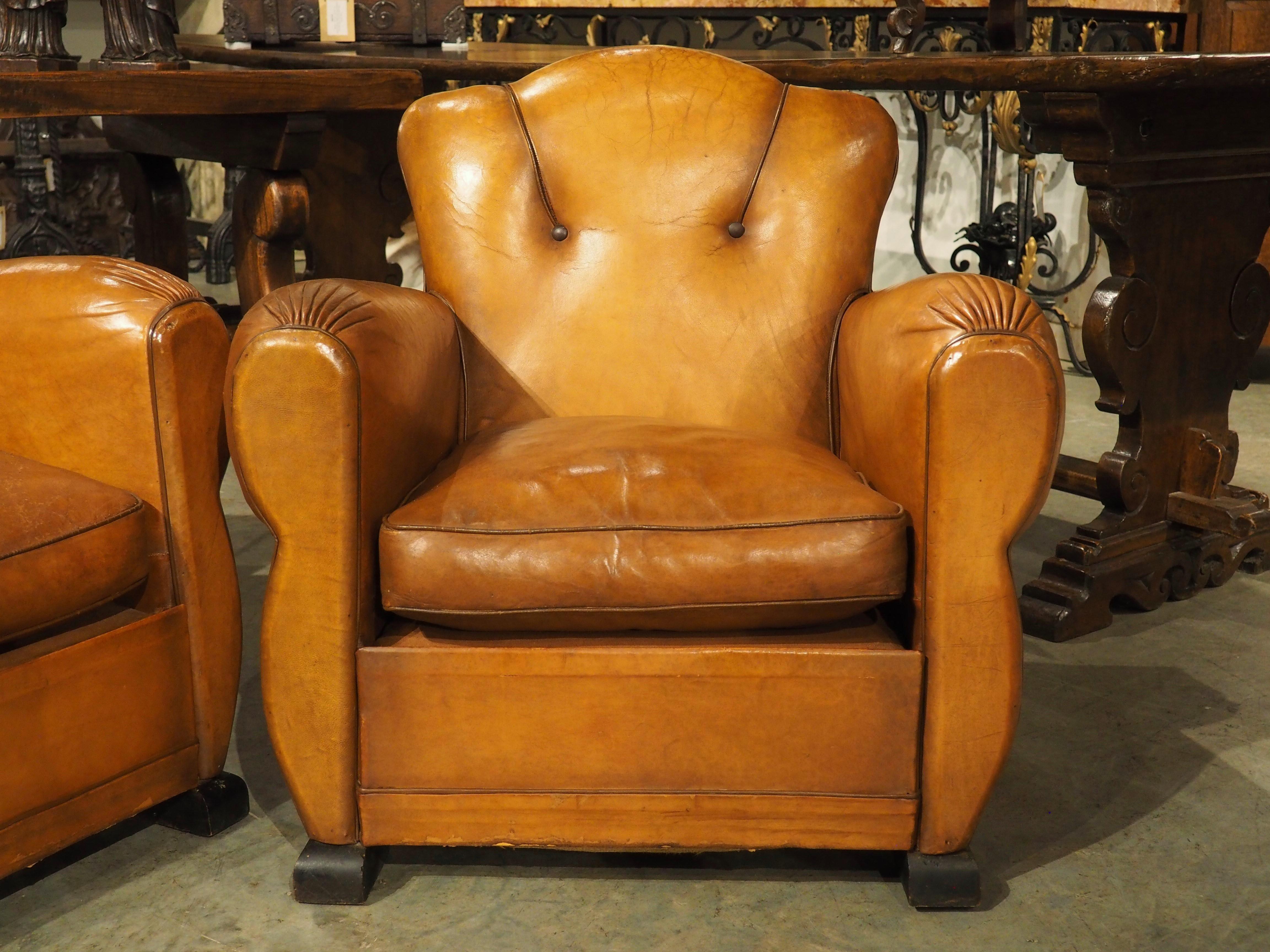 Pair of Diminutive French Leather Club Chairs with Pleated Arm Rests, Circa 1930 5