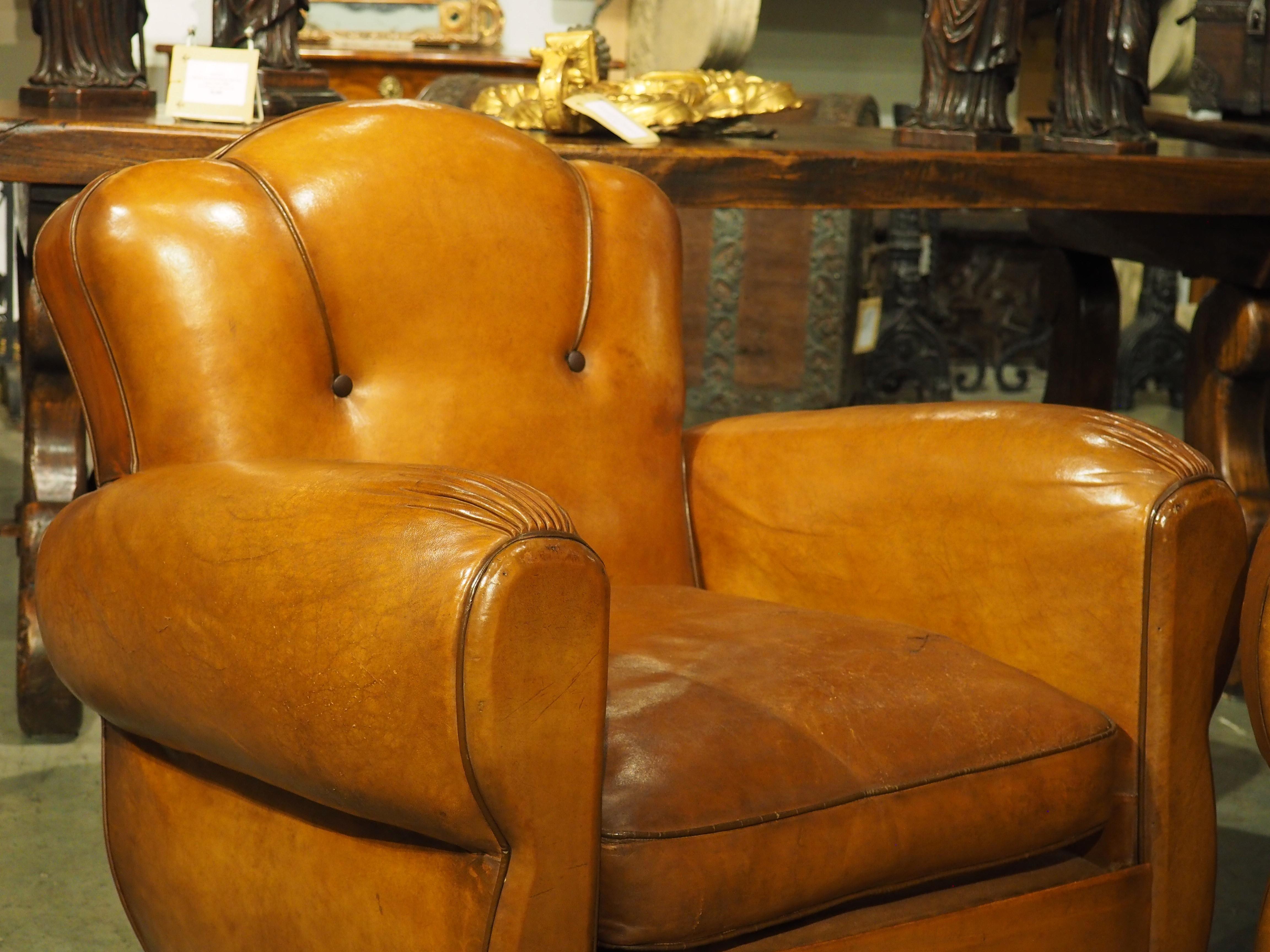 Pair of Diminutive French Leather Club Chairs with Pleated Arm Rests, Circa 1930 6