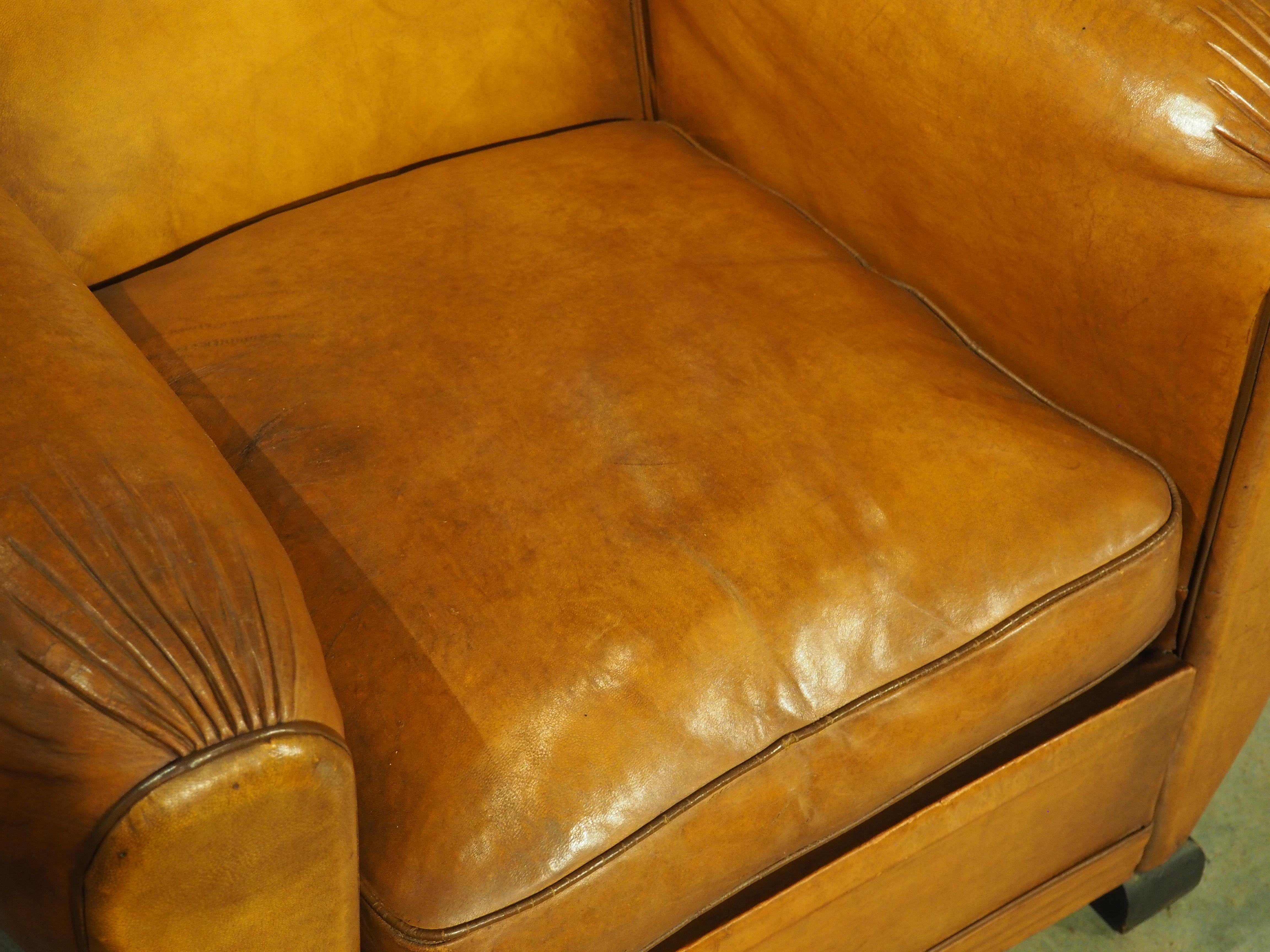 Pair of Diminutive French Leather Club Chairs with Pleated Arm Rests, Circa 1930 7