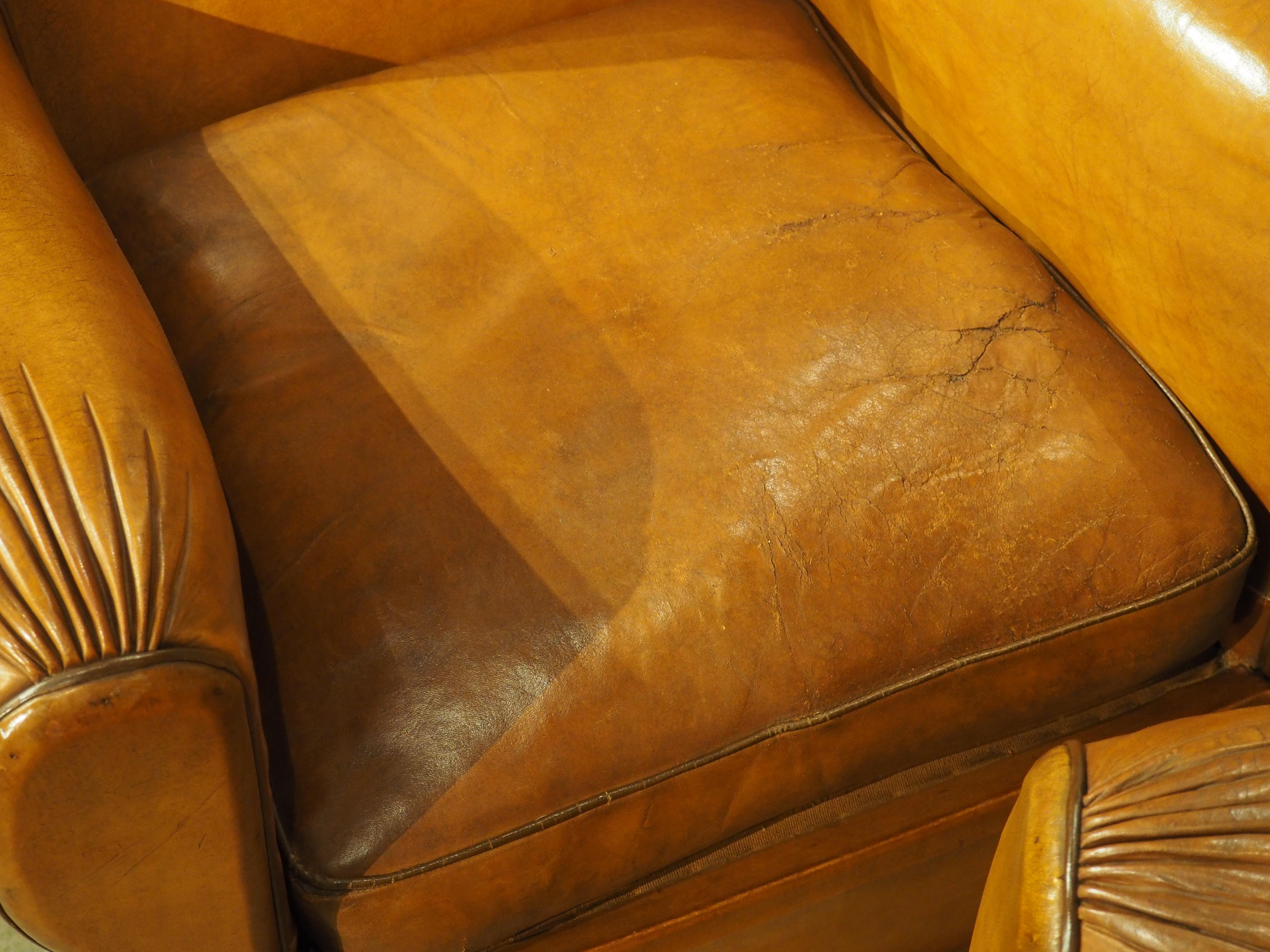 Pair of Diminutive French Leather Club Chairs with Pleated Arm Rests, Circa 1930 8