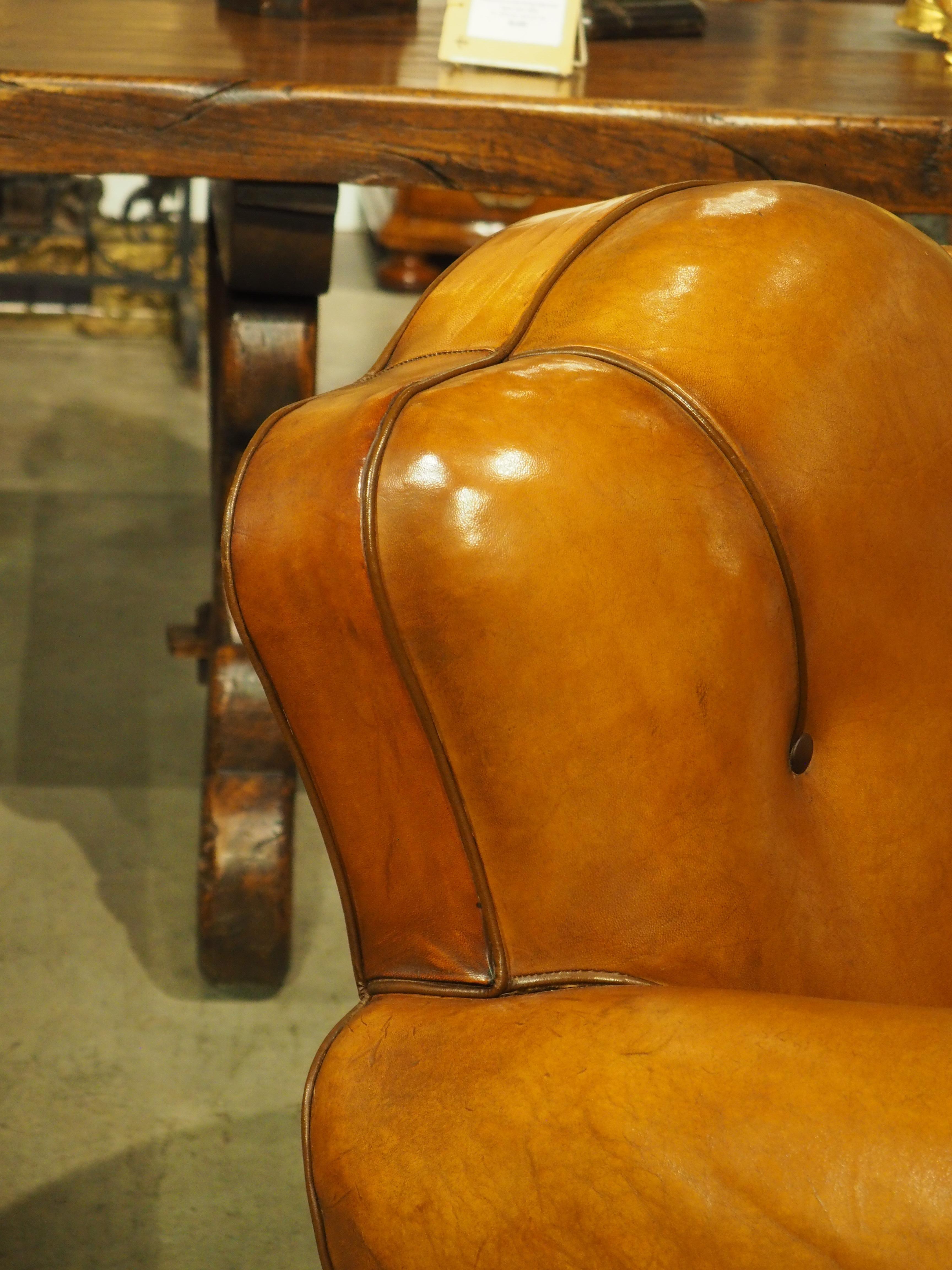 Pair of Diminutive French Leather Club Chairs with Pleated Arm Rests, Circa 1930 9
