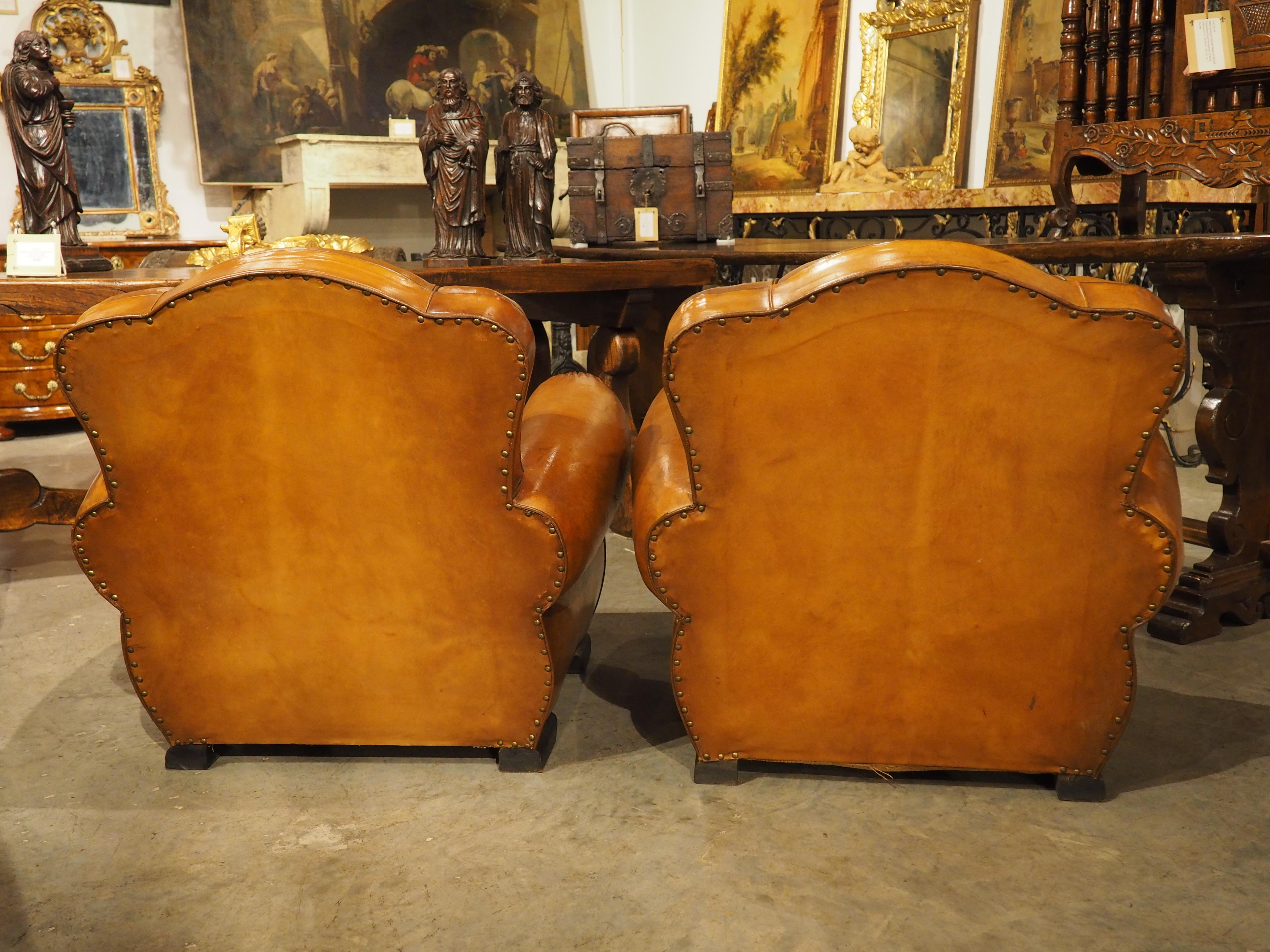 Pair of Diminutive French Leather Club Chairs with Pleated Arm Rests, Circa 1930 11