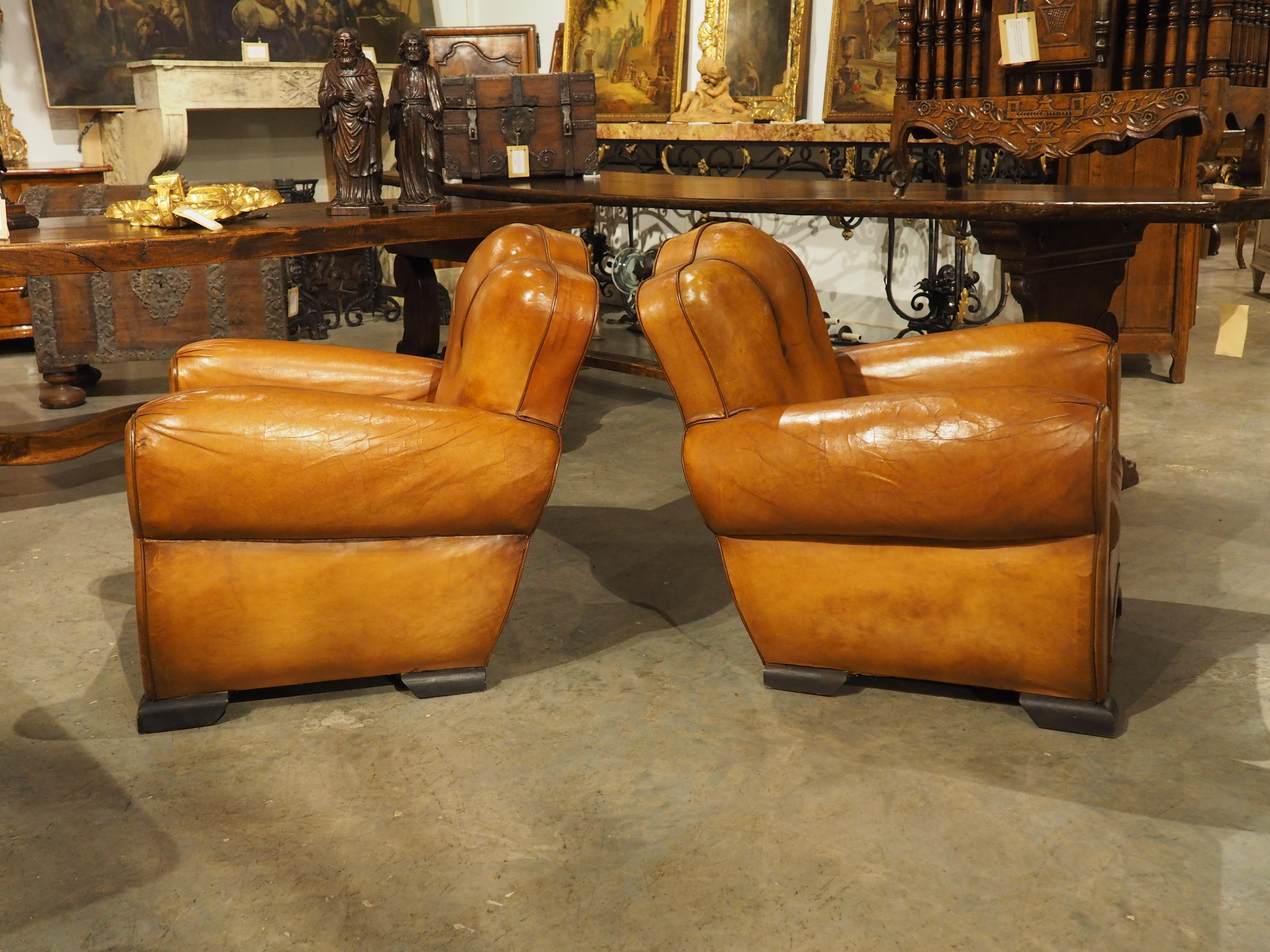 Pair of Diminutive French Leather Club Chairs with Pleated Arm Rests, Circa 1930 12