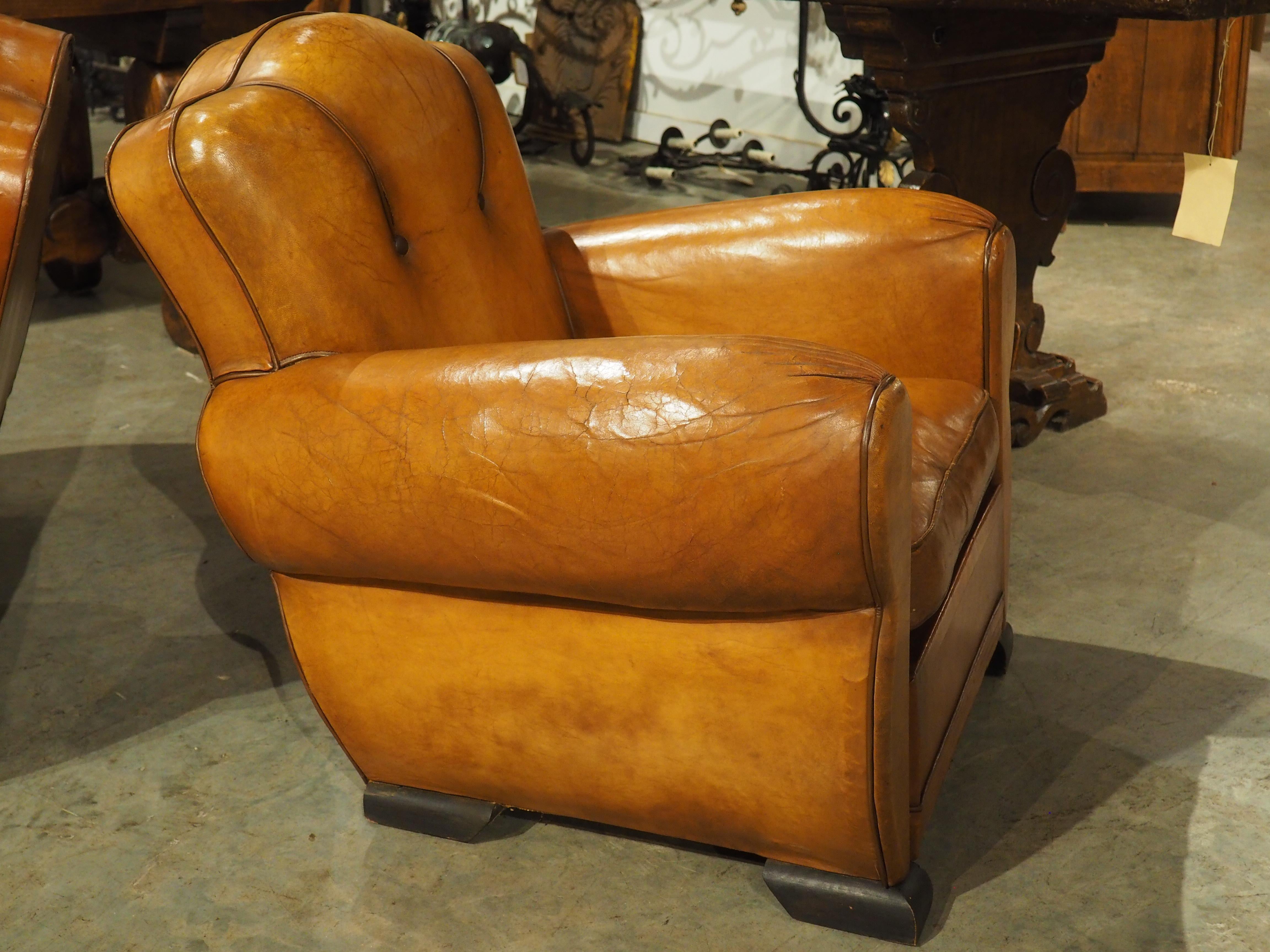 Pair of Diminutive French Leather Club Chairs with Pleated Arm Rests, Circa 1930 13