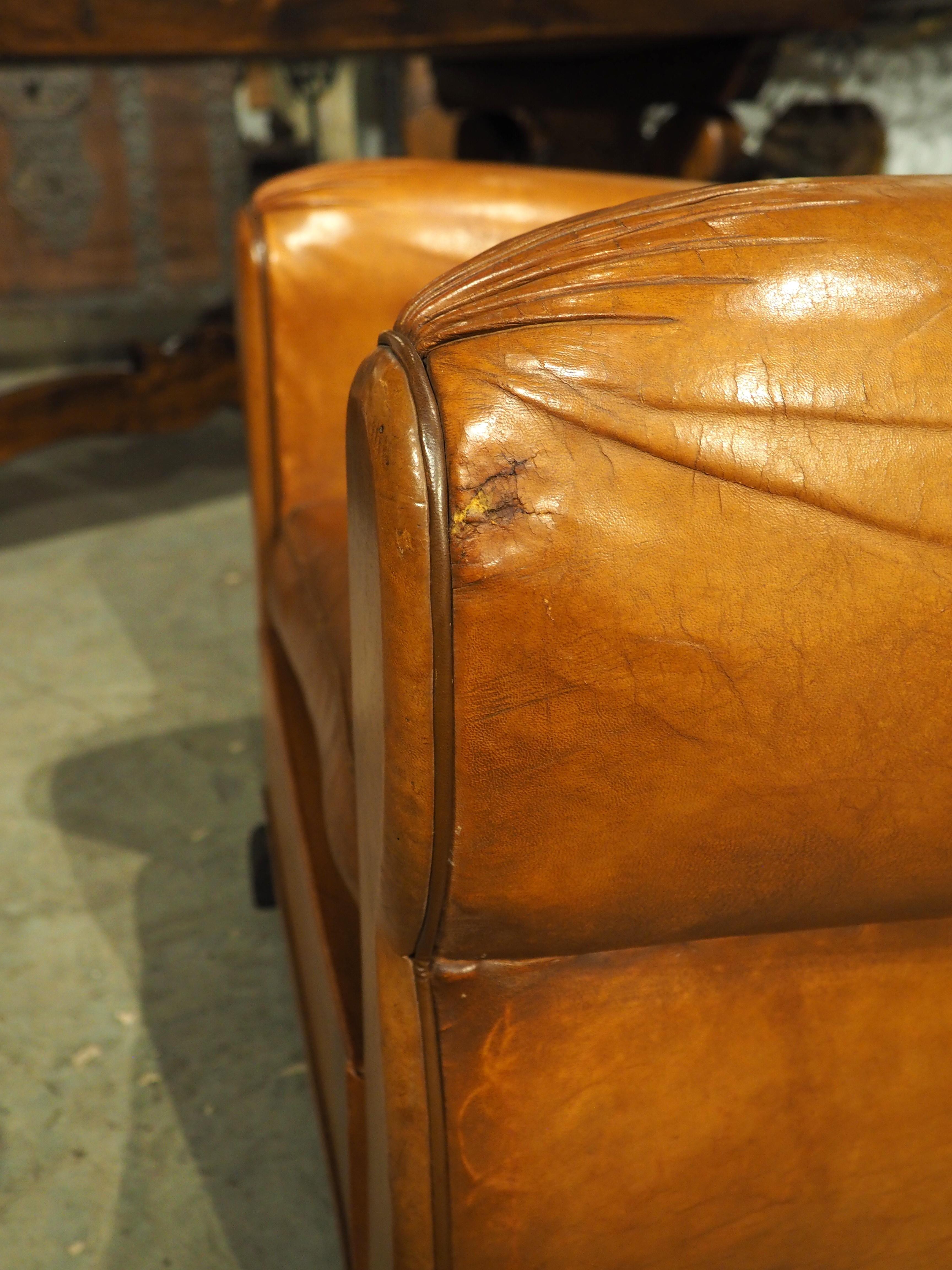 Pair of Diminutive French Leather Club Chairs with Pleated Arm Rests, Circa 1930 14
