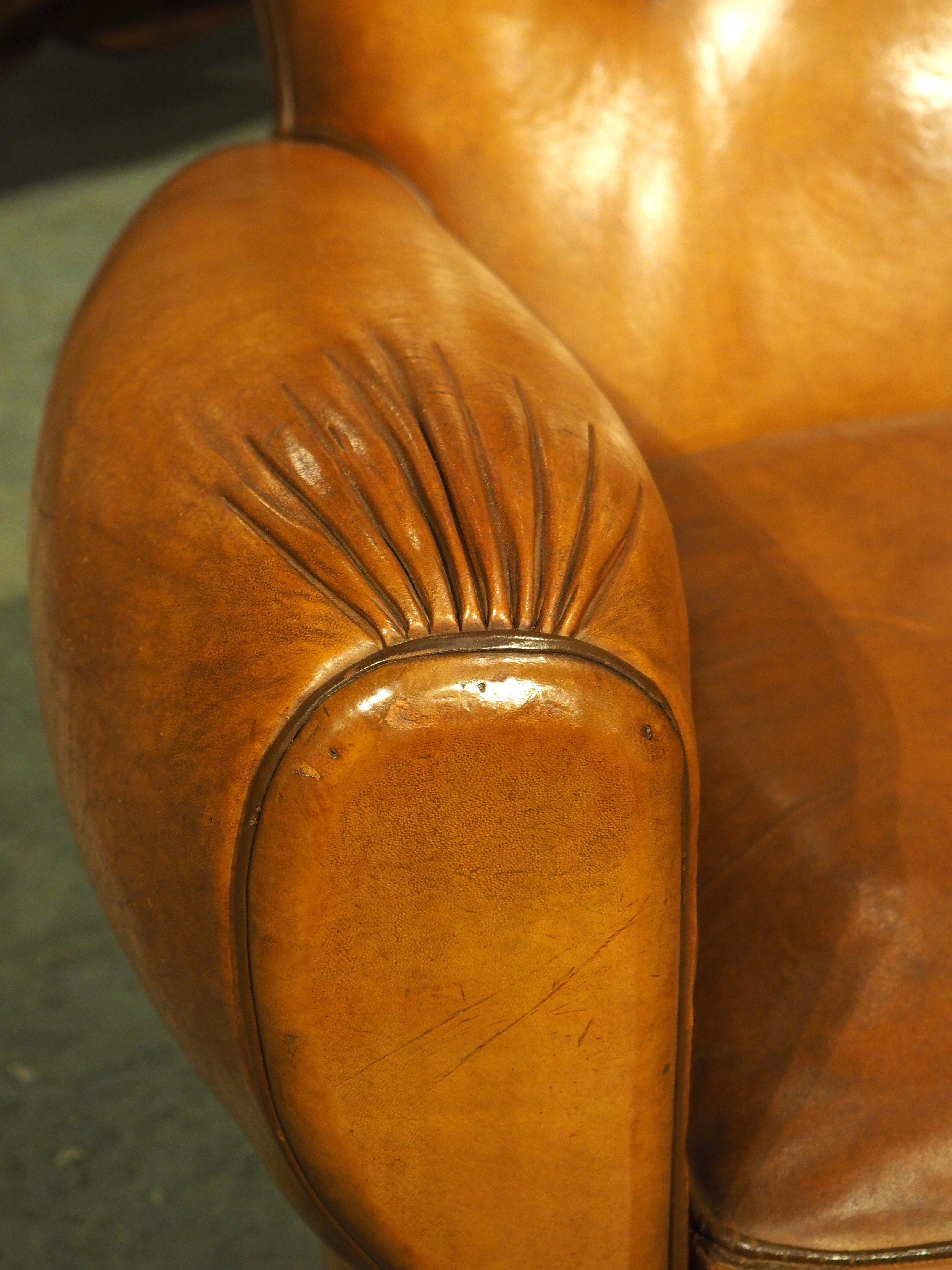 Art Deco Pair of Diminutive French Leather Club Chairs with Pleated Arm Rests, Circa 1930