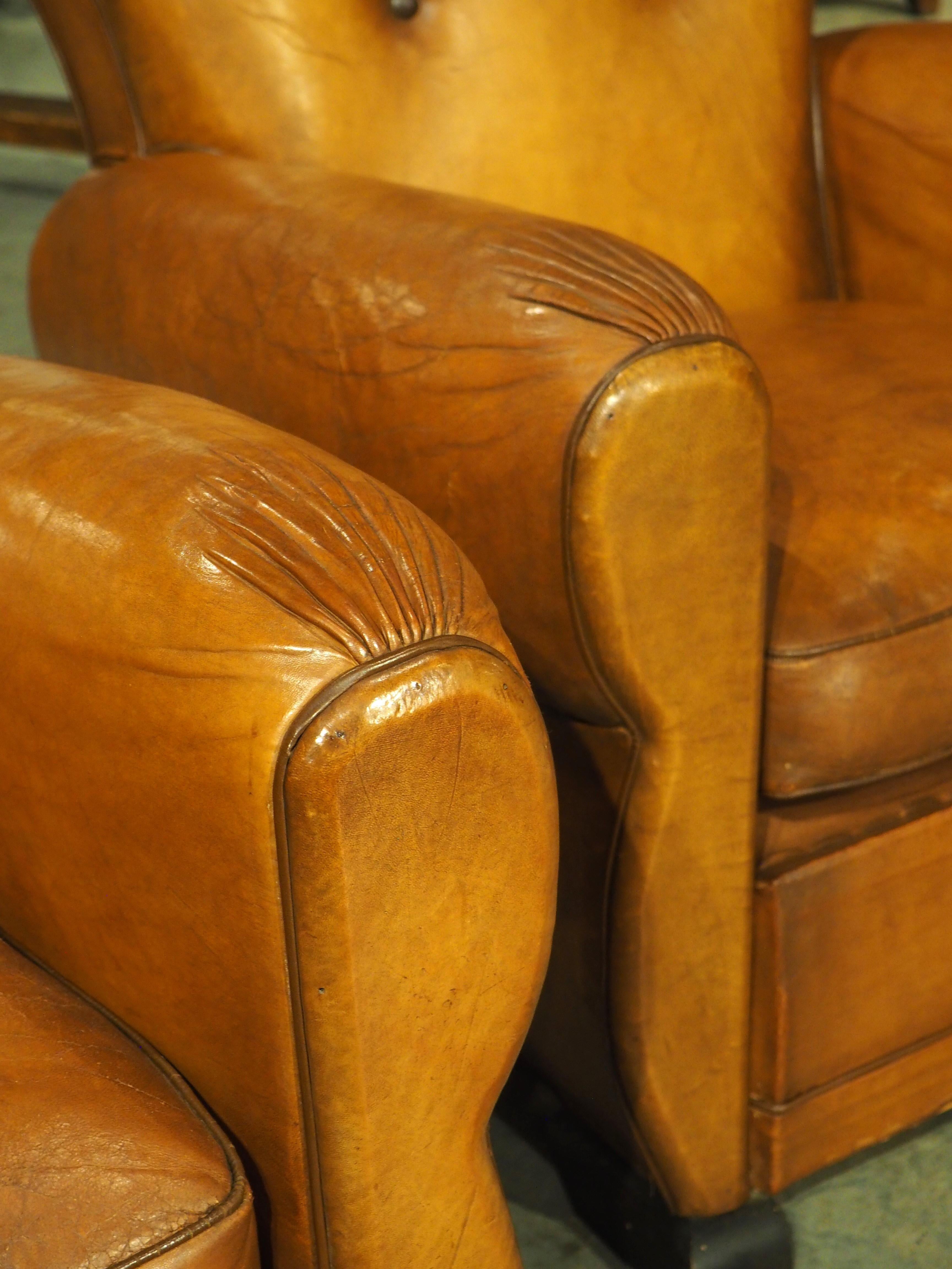 Pair of Diminutive French Leather Club Chairs with Pleated Arm Rests, Circa 1930 In Good Condition In Dallas, TX