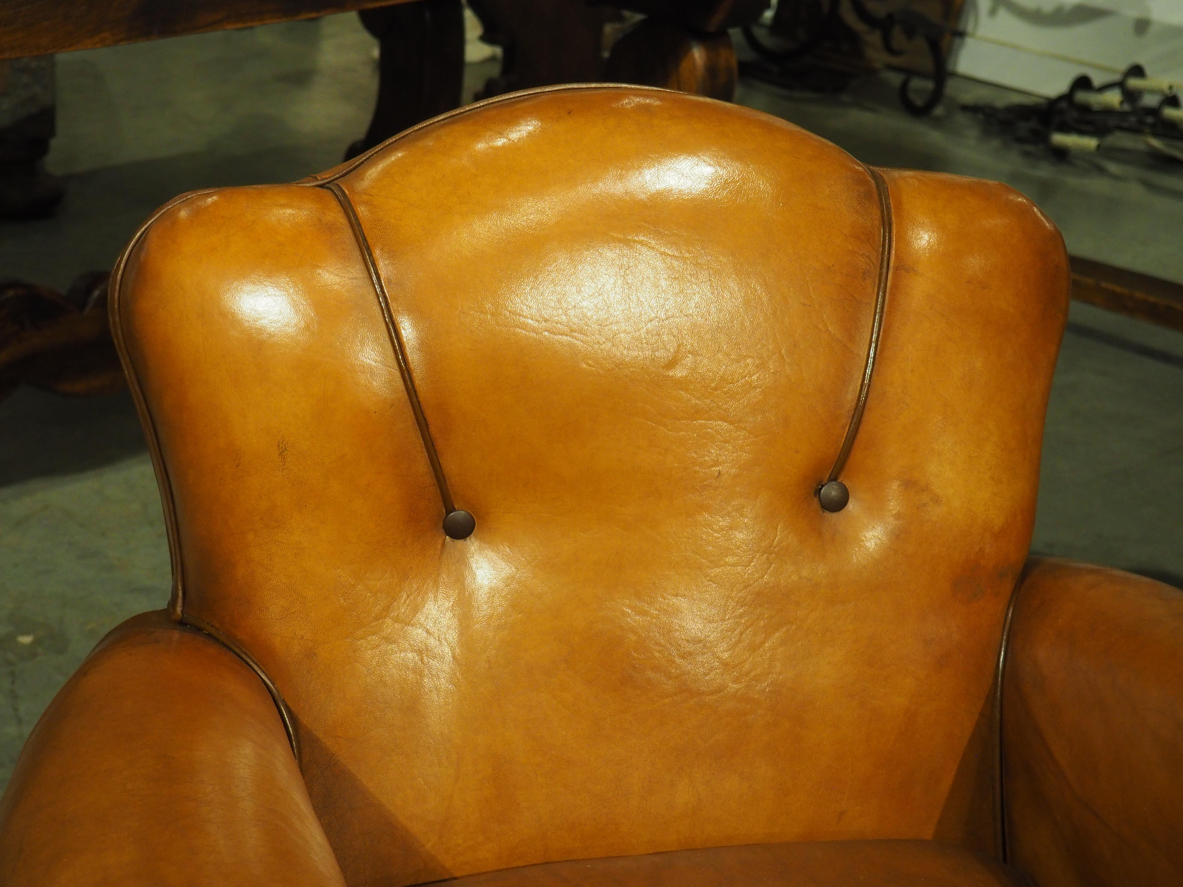 Mid-20th Century Pair of Diminutive French Leather Club Chairs with Pleated Arm Rests, Circa 1930