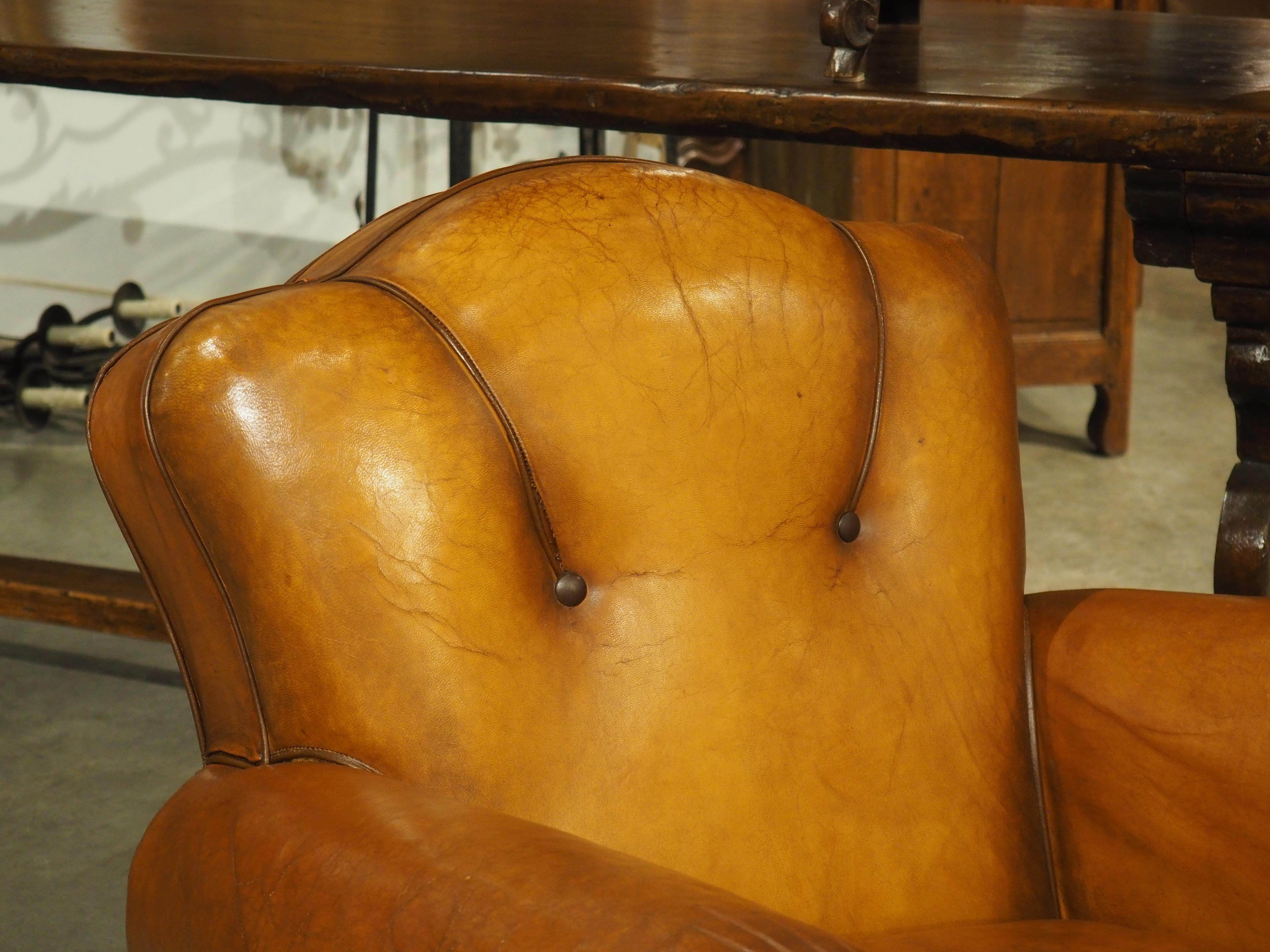 Metal Pair of Diminutive French Leather Club Chairs with Pleated Arm Rests, Circa 1930