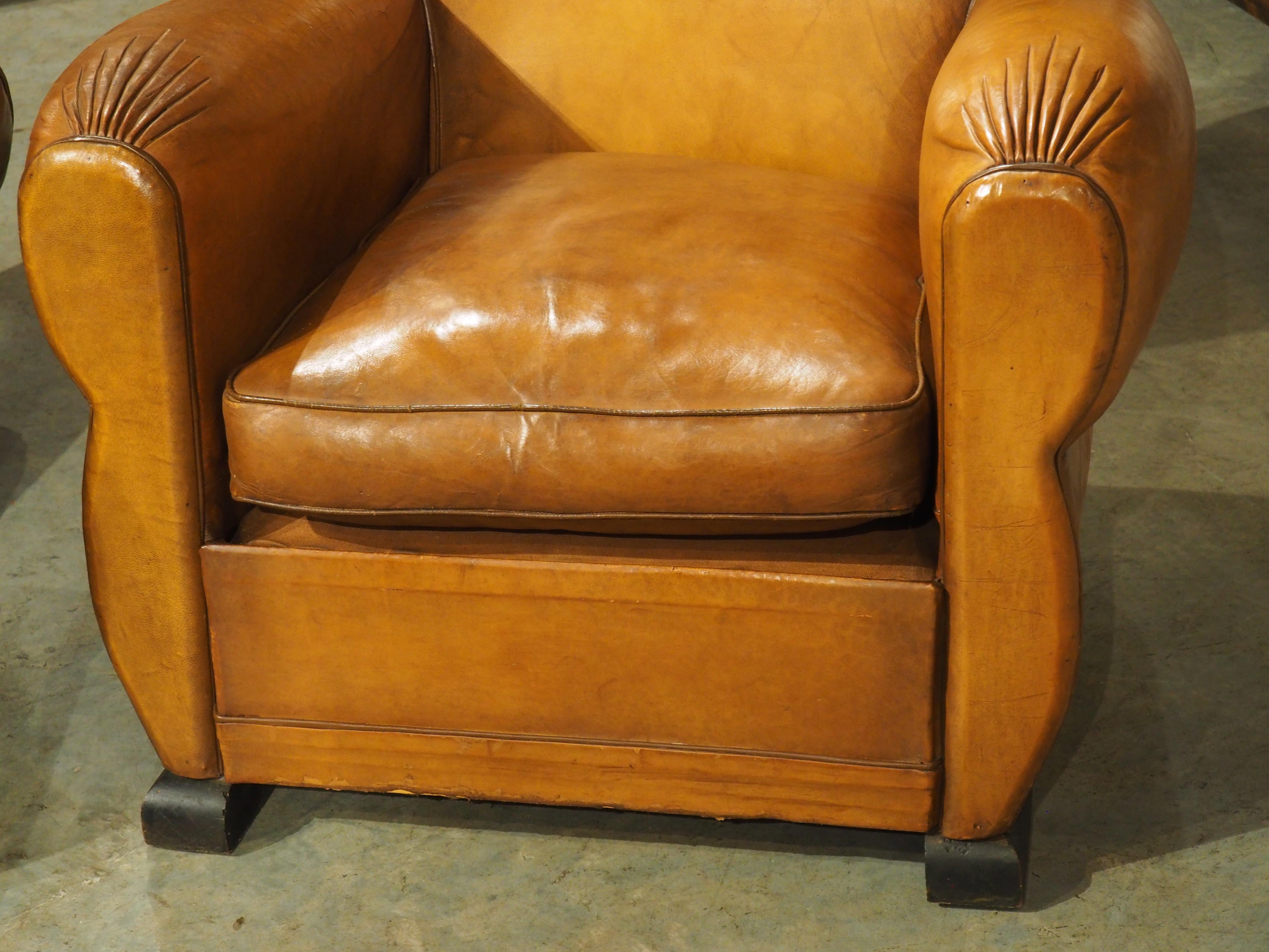 Pair of Diminutive French Leather Club Chairs with Pleated Arm Rests, Circa 1930 2