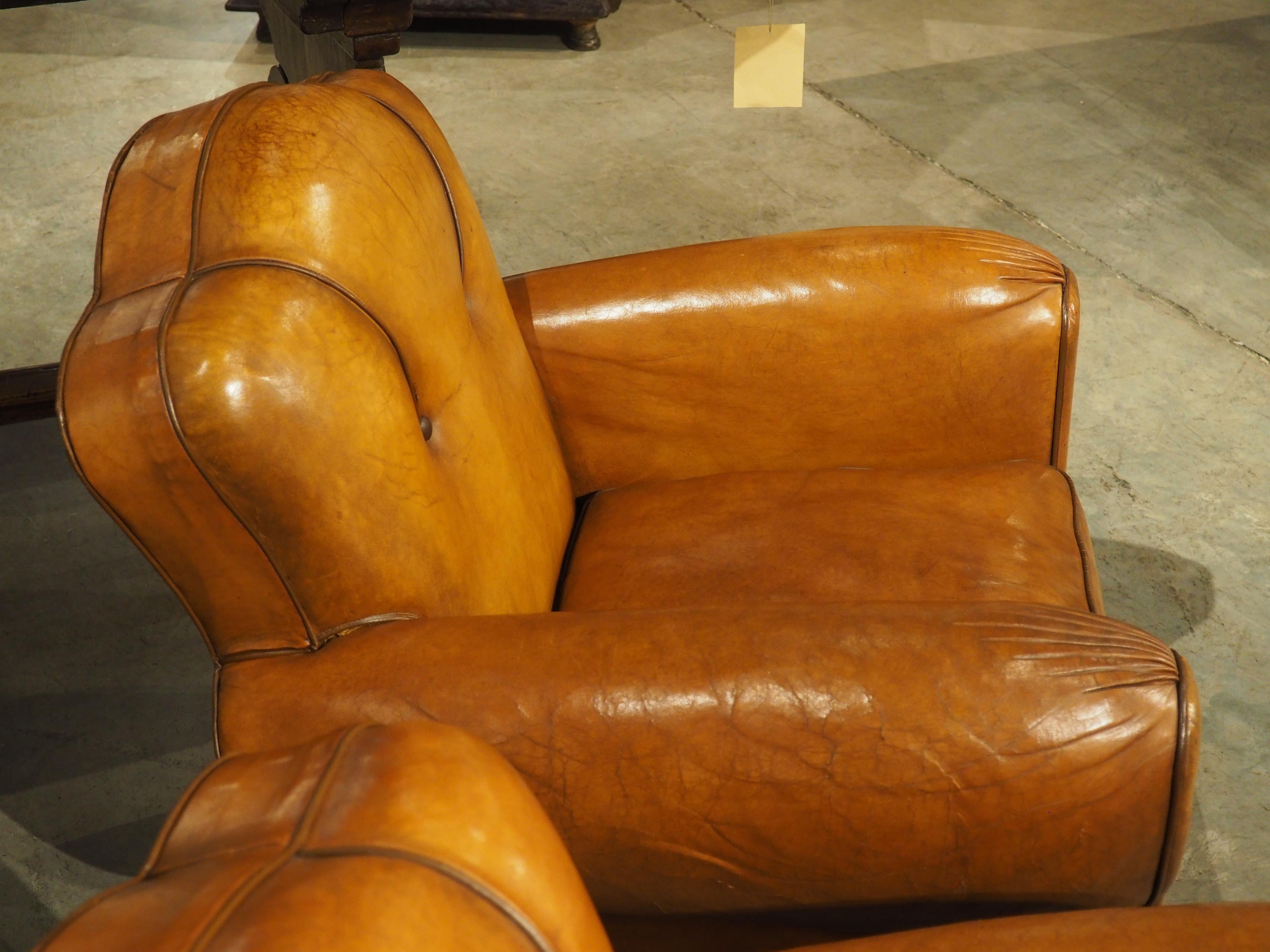 Pair of Diminutive French Leather Club Chairs with Pleated Arm Rests, Circa 1930 3