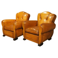 Pair of Diminutive French Leather Club Chairs with Pleated Arm Rests, Circa 1930
