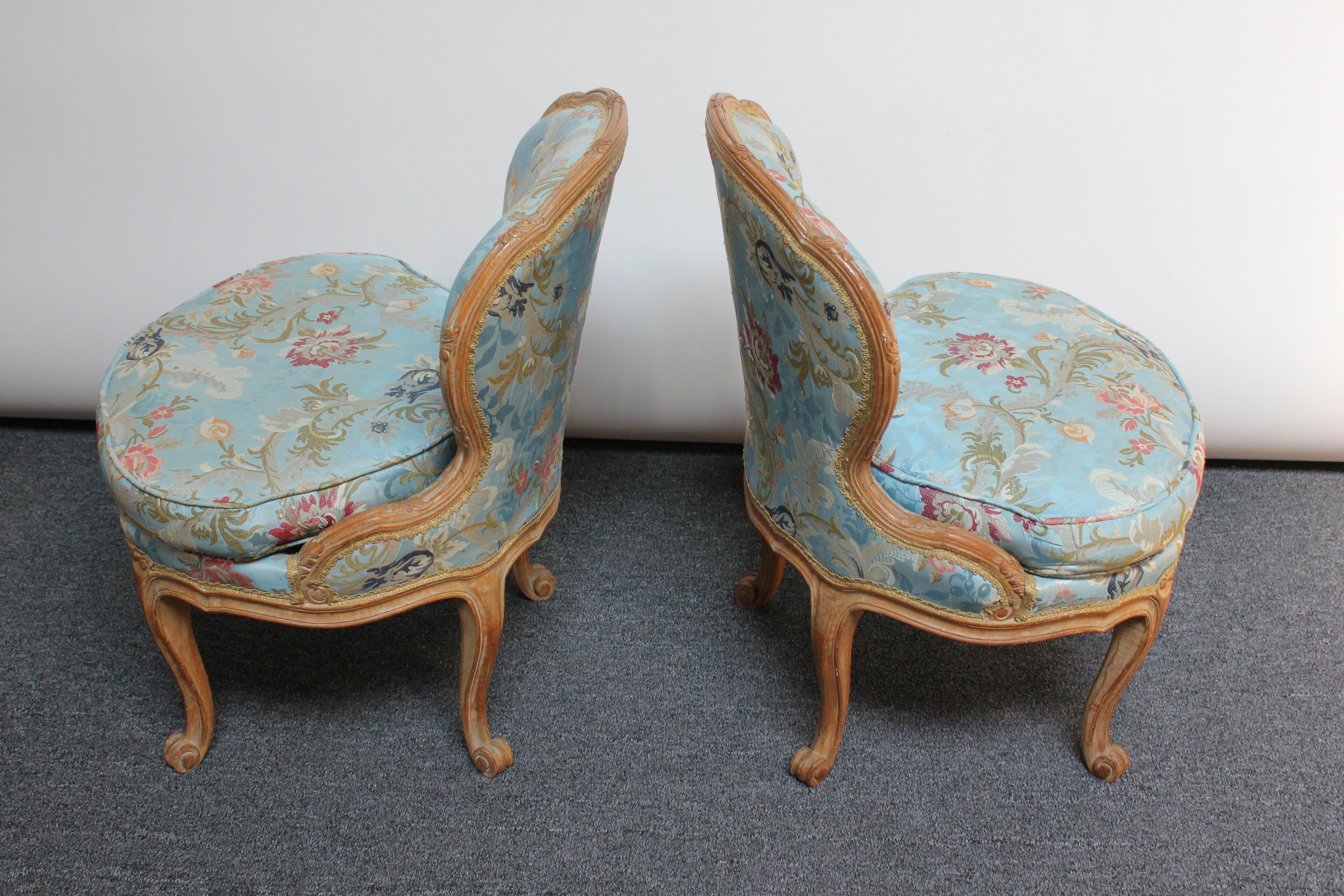20th Century Pair of Diminutive French Louis XV Rococo Boudoir Slipper Chairs