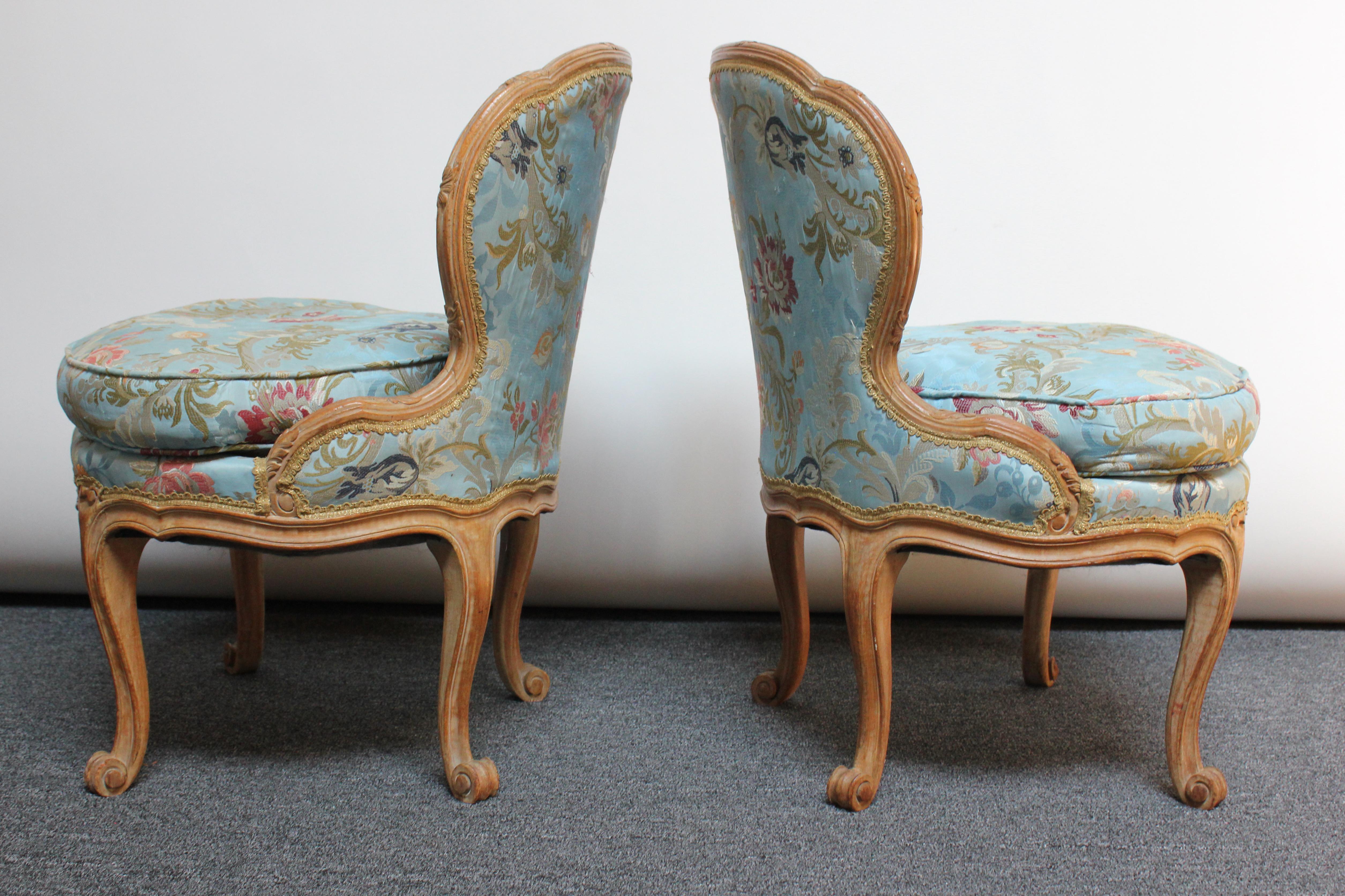Silk Pair of Diminutive French Louis XV Rococo Boudoir Slipper Chairs