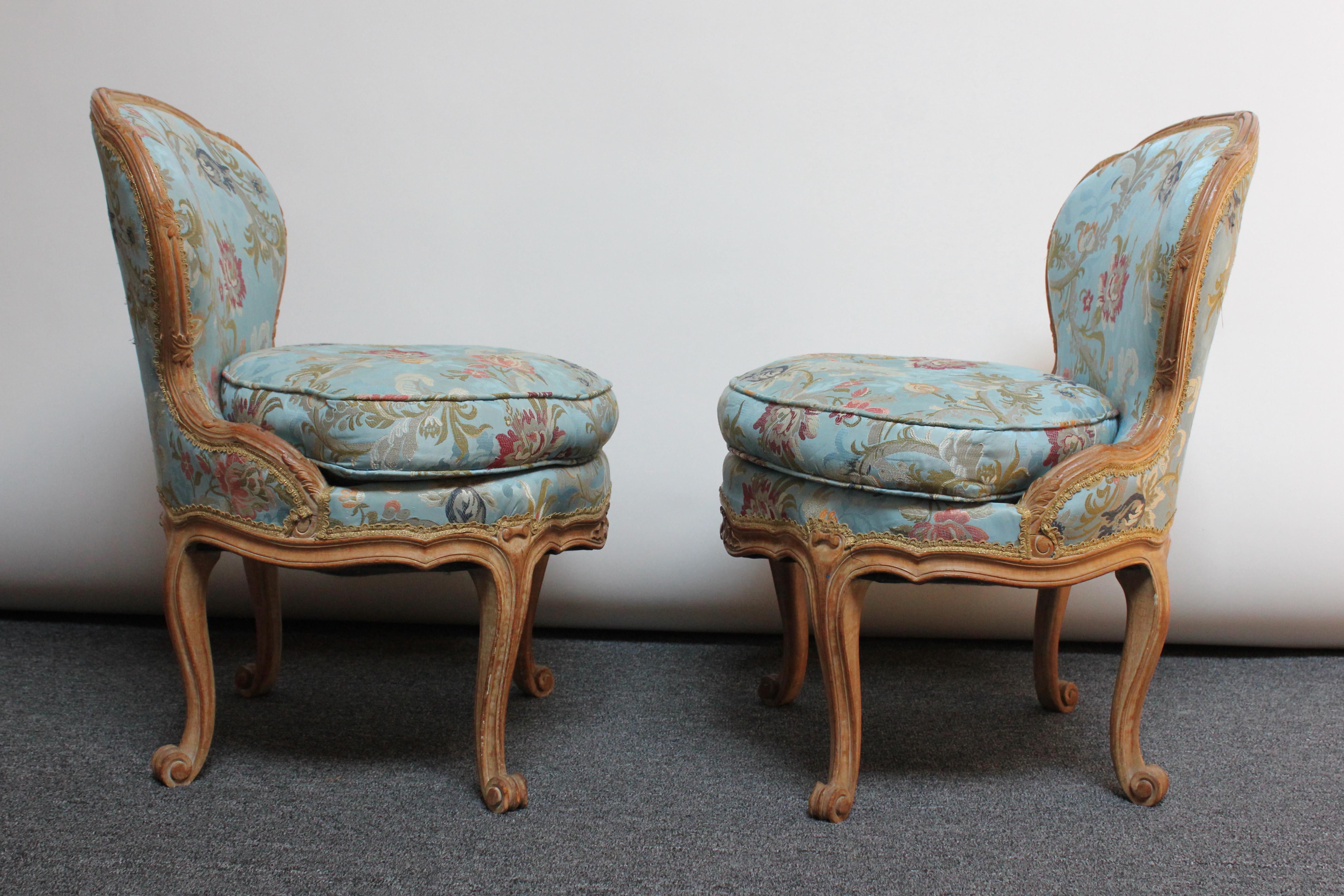 Pair of Diminutive French Louis XV Rococo Boudoir Slipper Chairs 1