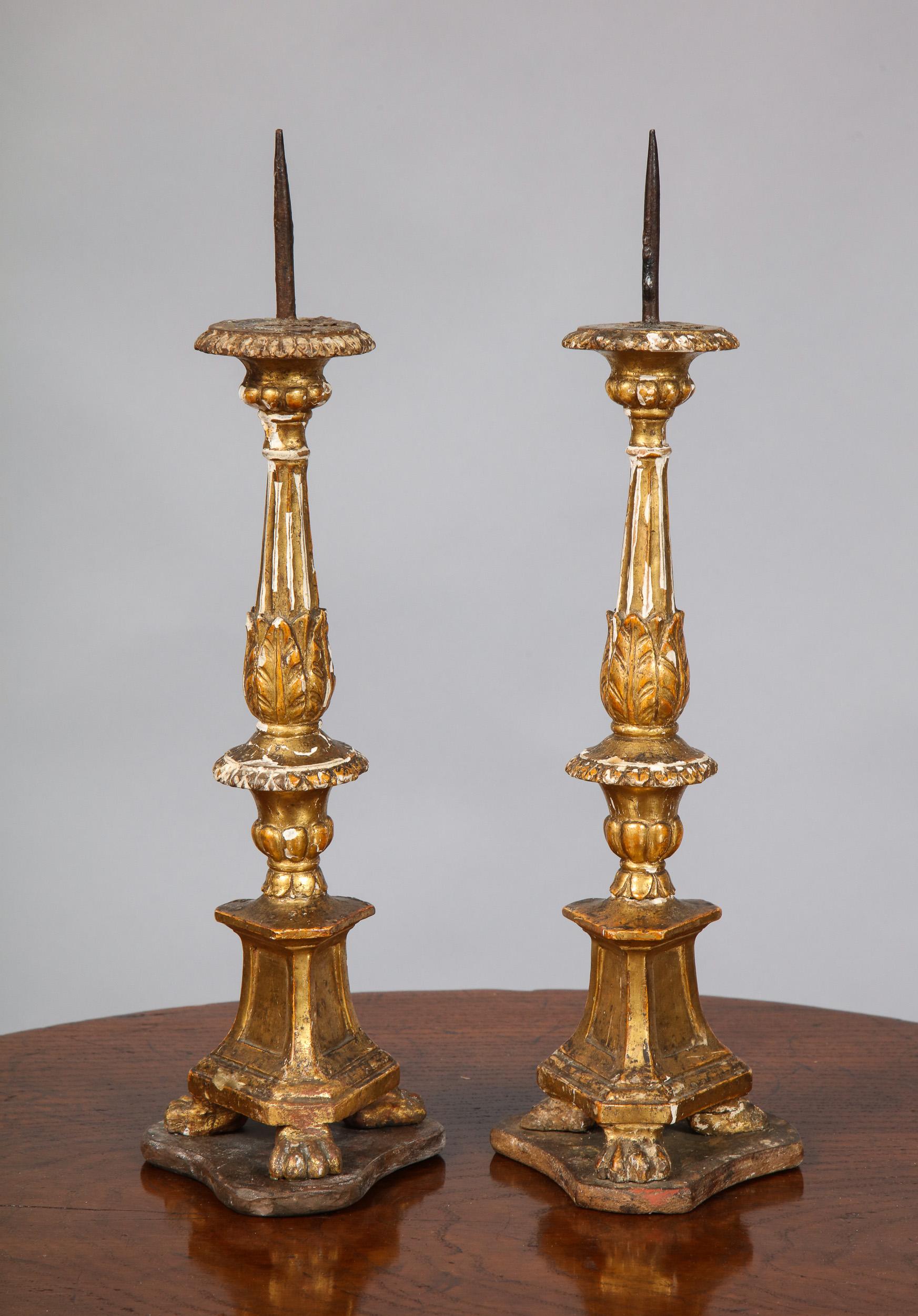 Baroque Pair of Diminutive Giltwood Pricket Candlesticks For Sale