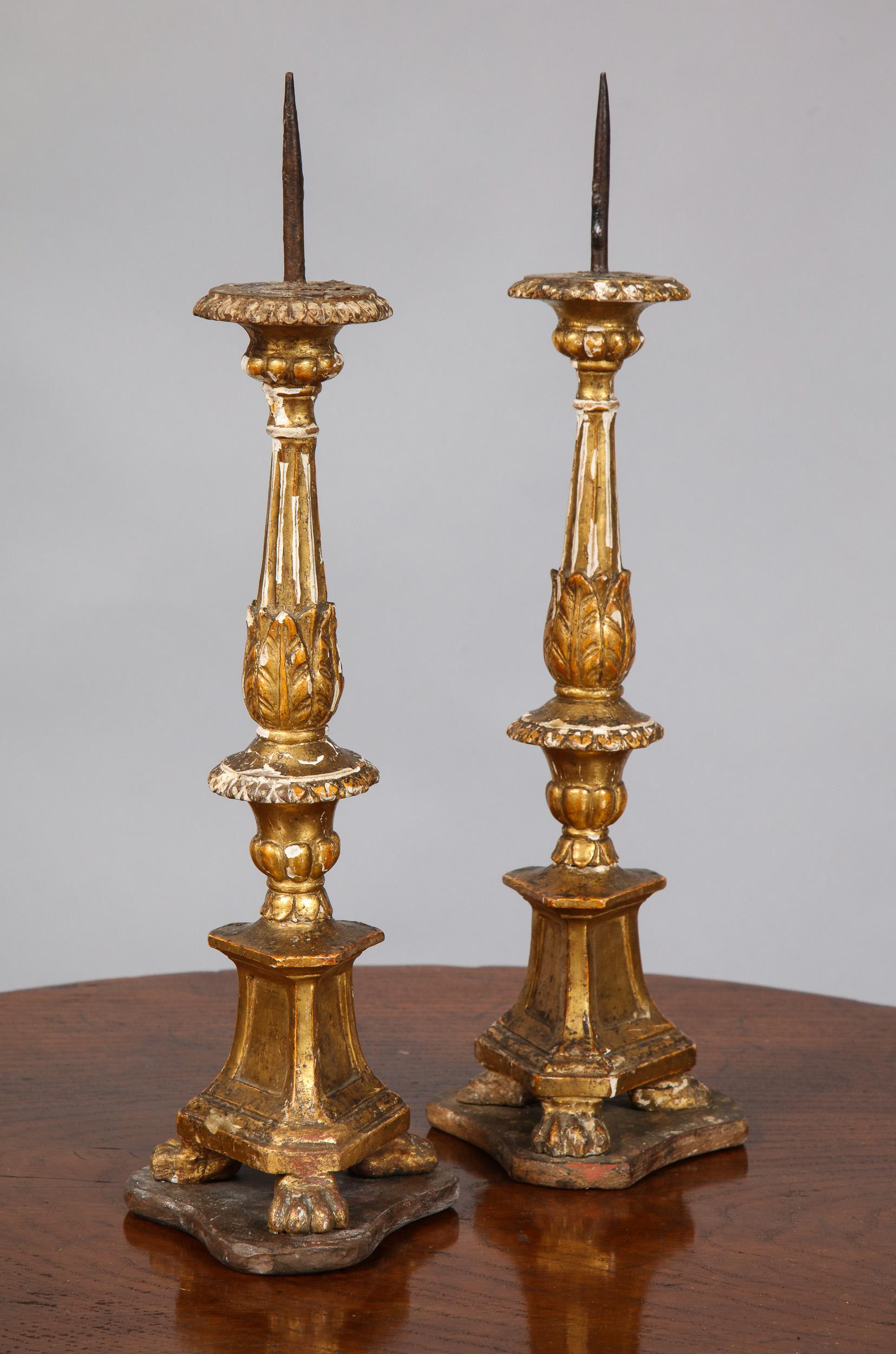 Pair of Diminutive Giltwood Pricket Candlesticks In Fair Condition For Sale In Greenwich, CT