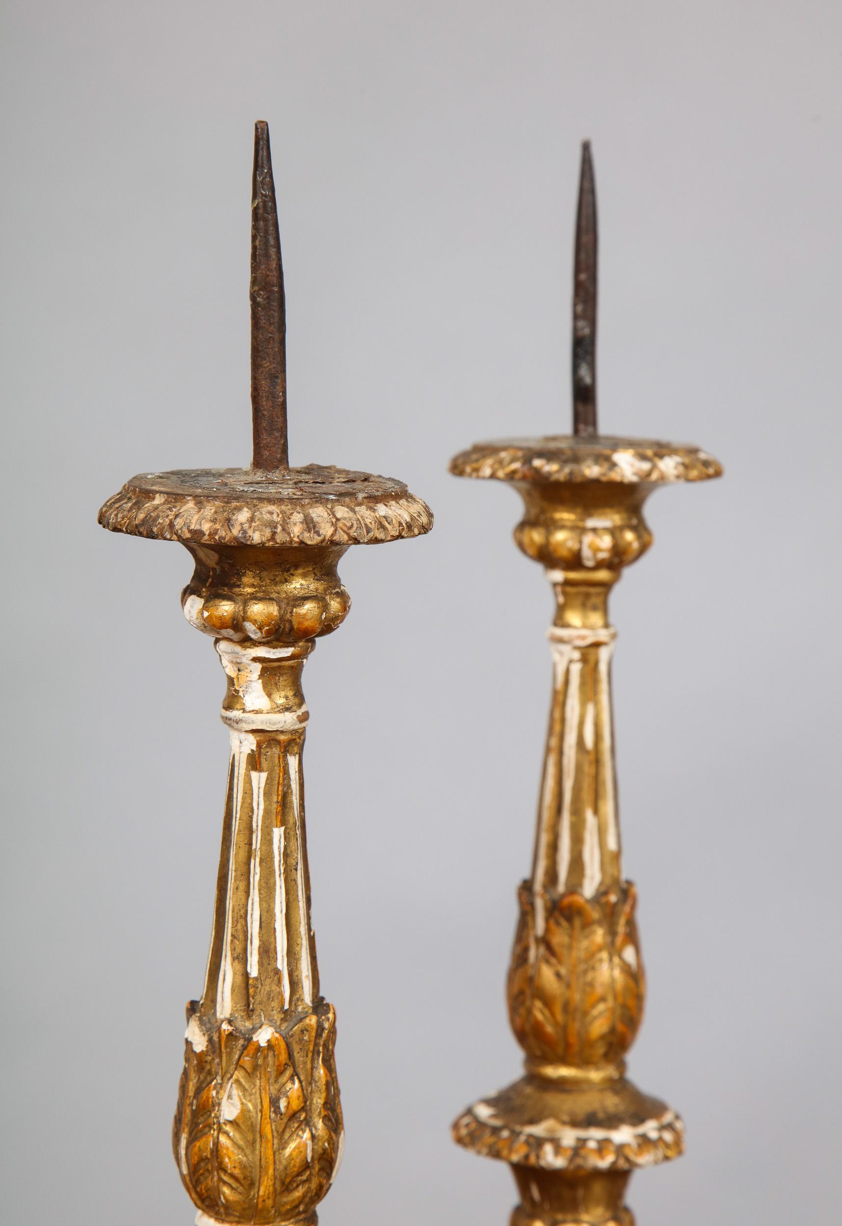 18th Century and Earlier Pair of Diminutive Giltwood Pricket Candlesticks For Sale