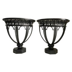 Pair of Diminutive Italian Neo-Classical Wrought Iron 
Wood Consoles